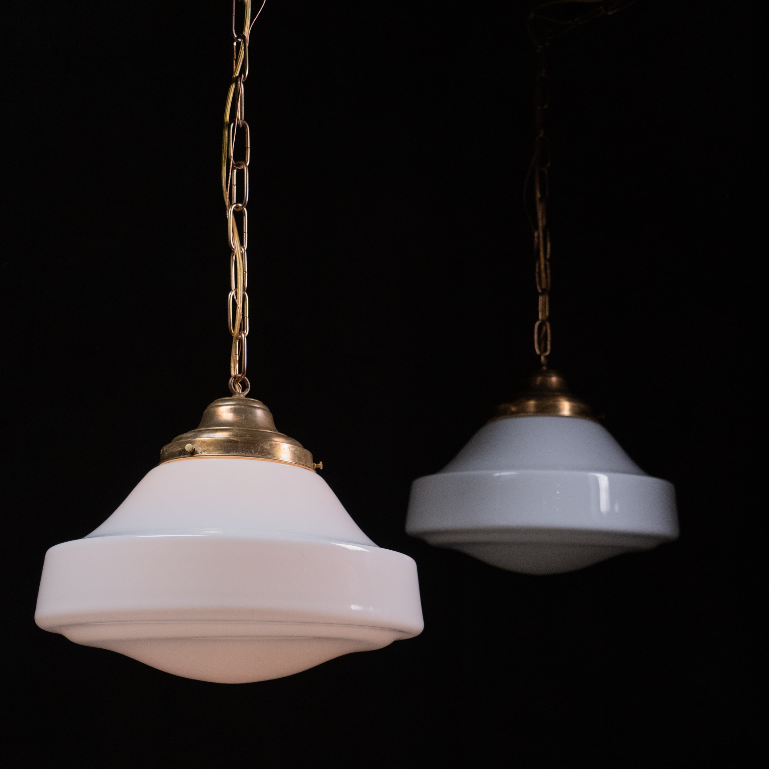 1920 Large Pair of Brass and Milk Glass Pendant Lights