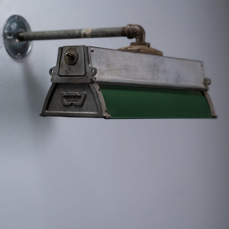 Wheeler Boston industrial task light with original green glass shade, American Art Deco factory lighting circa 1930