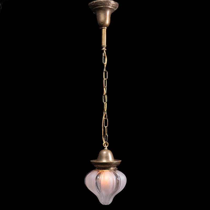  Original 1930s Art Deco pendant light with molded satin and clear glass shade and aged brass chain. | Scott Landon Antiques and Interiors.