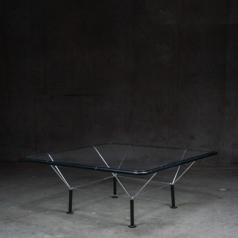 Niels Bendtsen Spaceframe coffee table for Bensen with tempered glass top and sculptural steel frame.