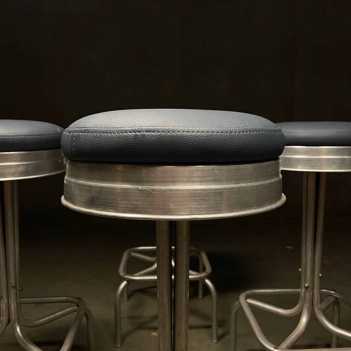 Bar Stool Seating O2 1940 Set of Four Bar Stools with Blue Leather Seats