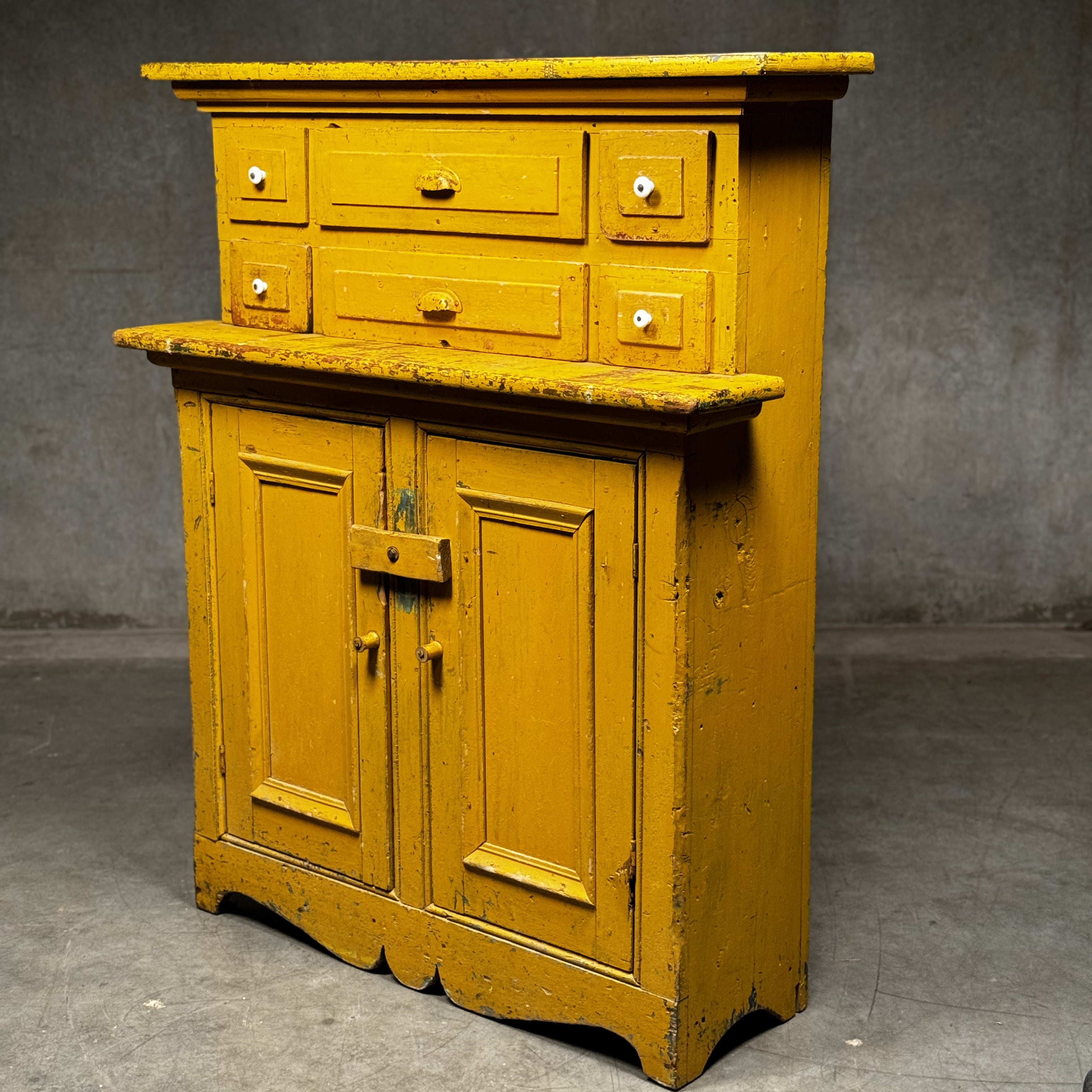 19th C. Yellow Miniture Stepback Buffet Cabinet