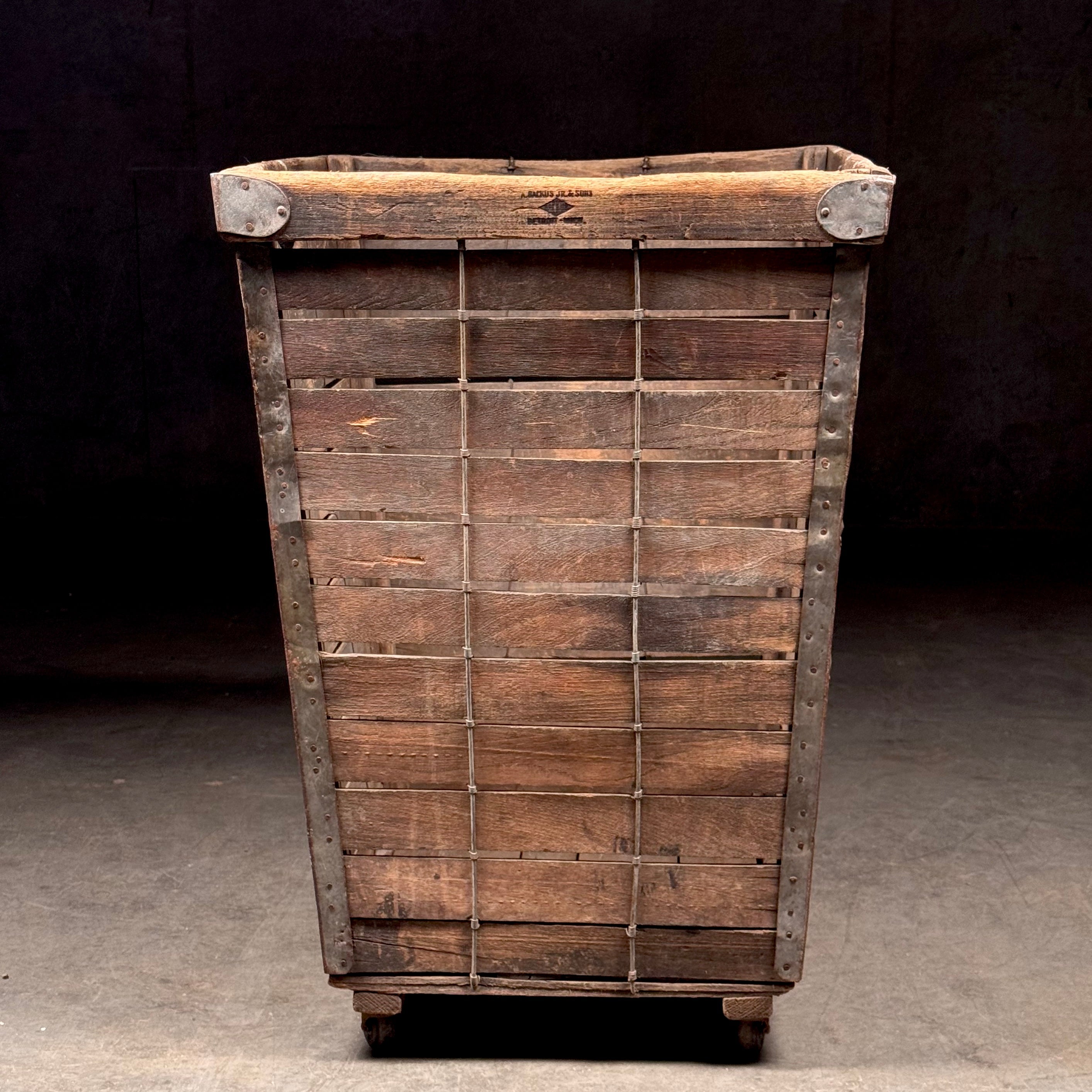 A. Backus Jr. & Sons Slatted Wooden Rolling Crate