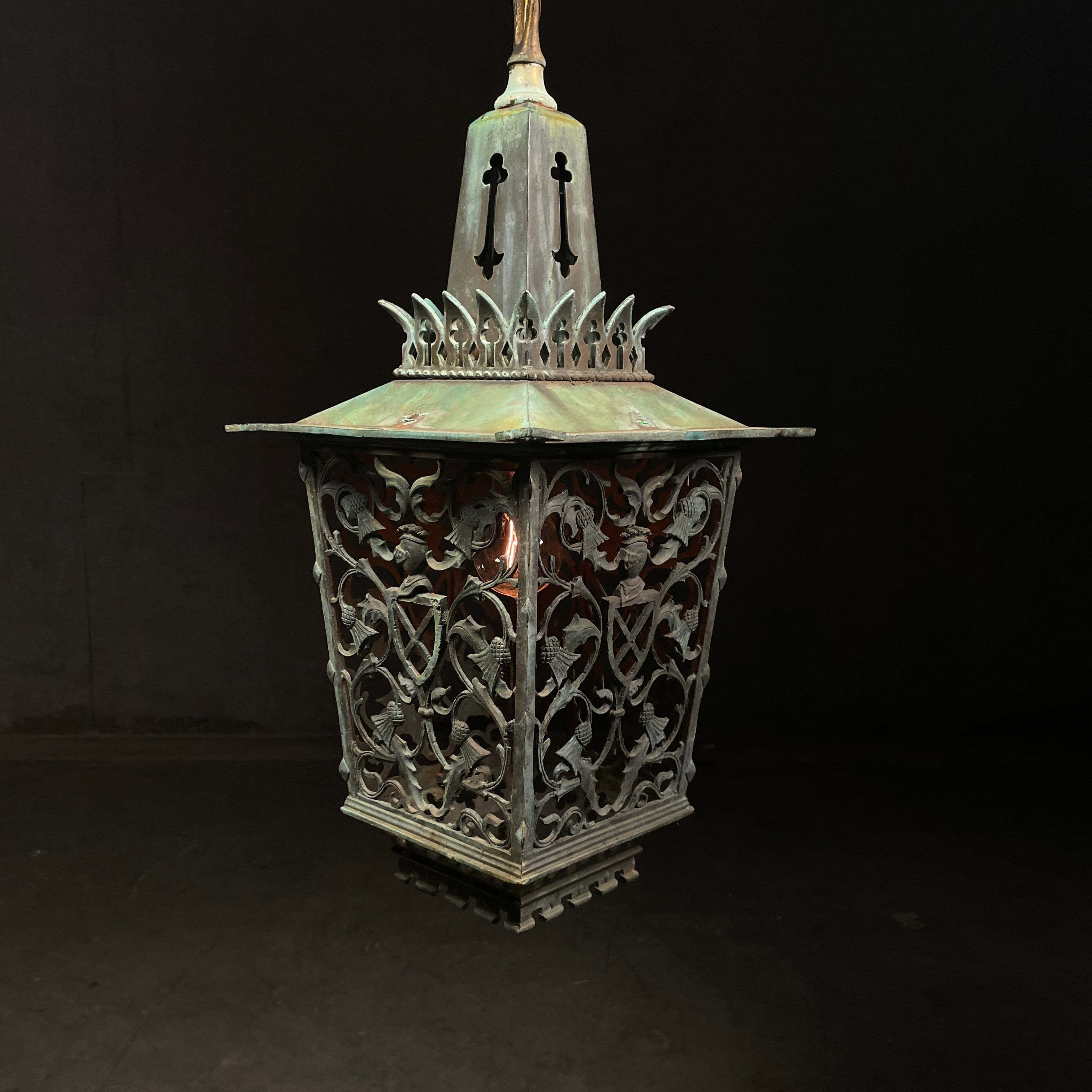1910 Cast Bronze Copper Lantern Pendant Light