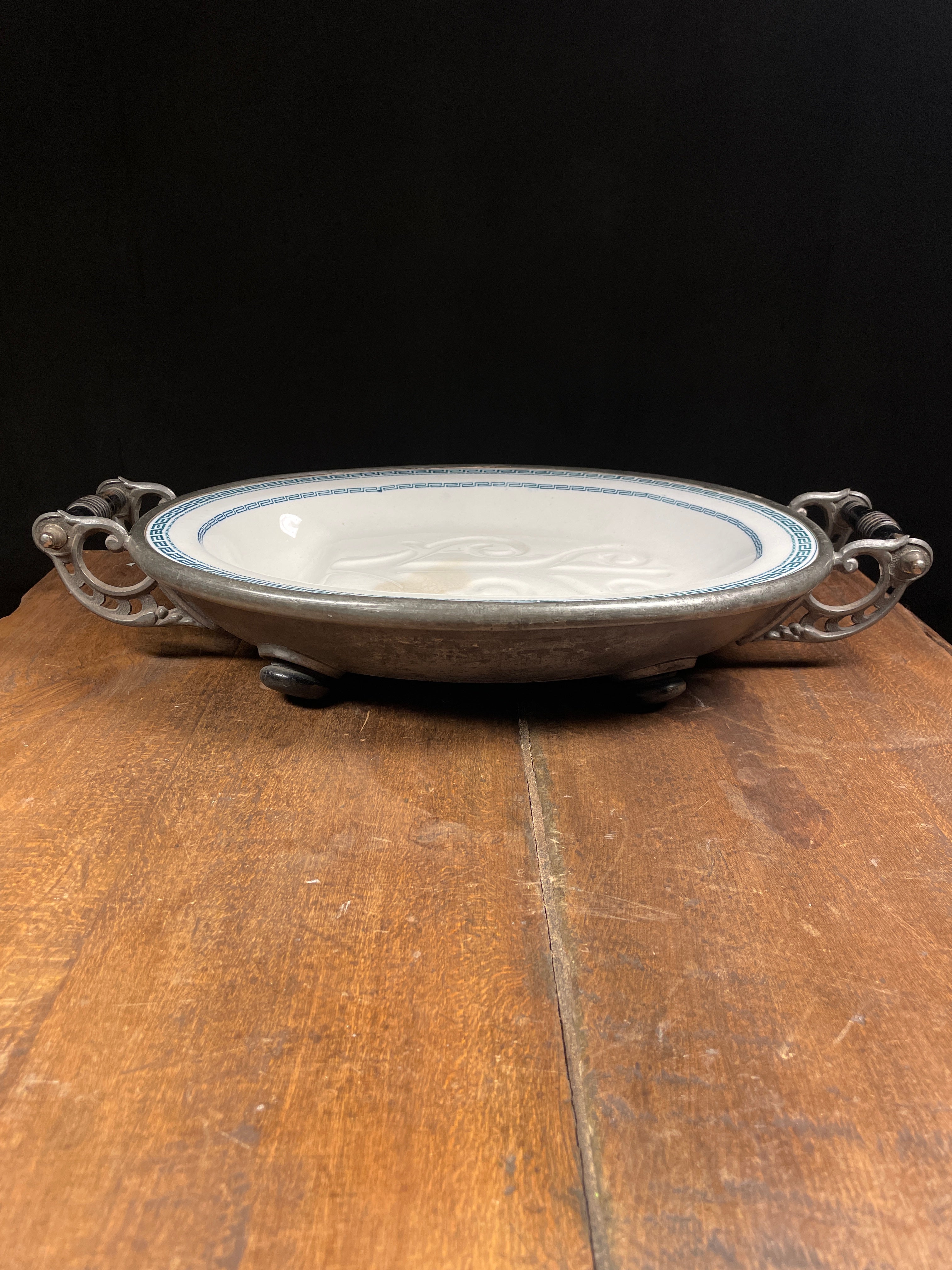 1910 Silver & Ceramic English Serving Warming Tray