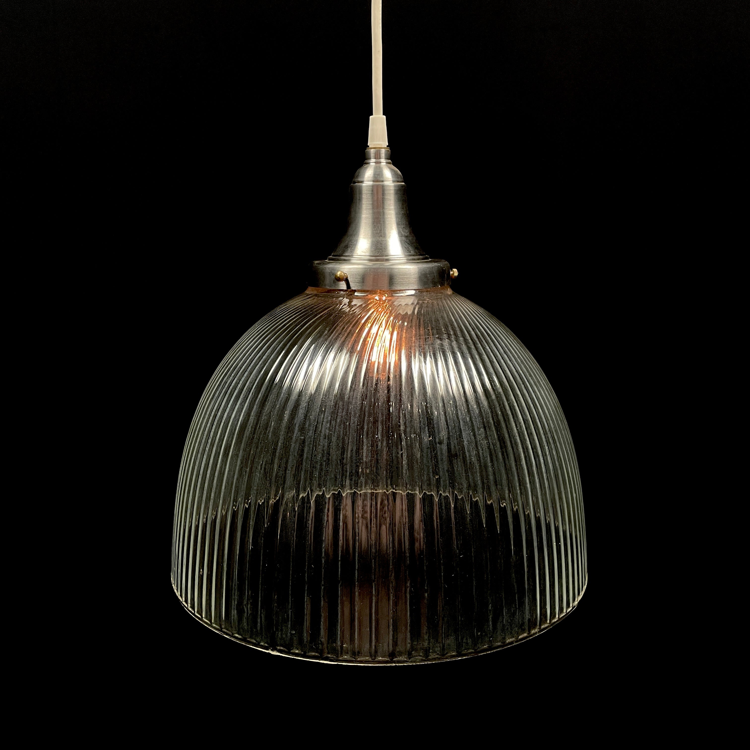 Pair of 1930 Ribbed Glass Dome Pendants