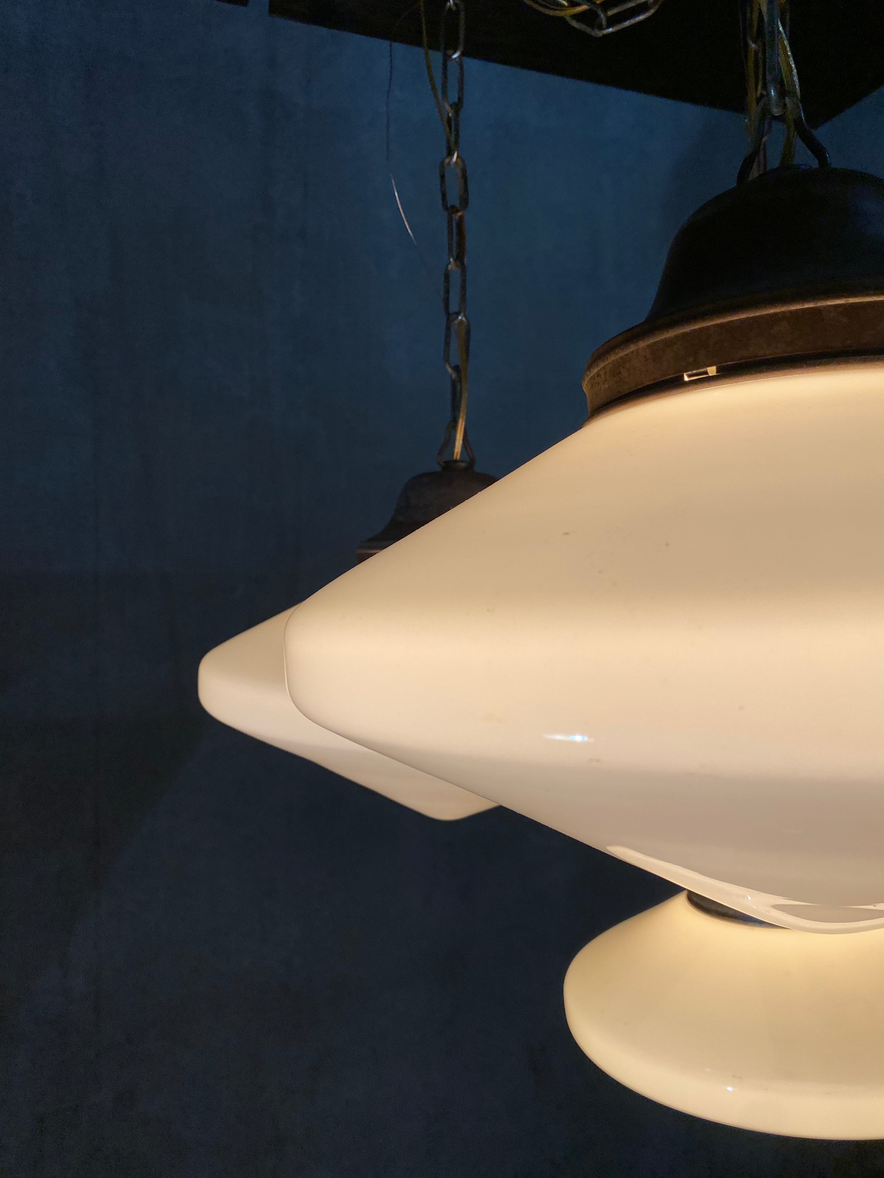 C 1920 large milk glass deco pendant lights