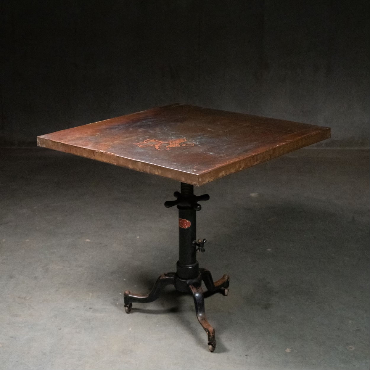 1920 adjustable copper top factory dining table