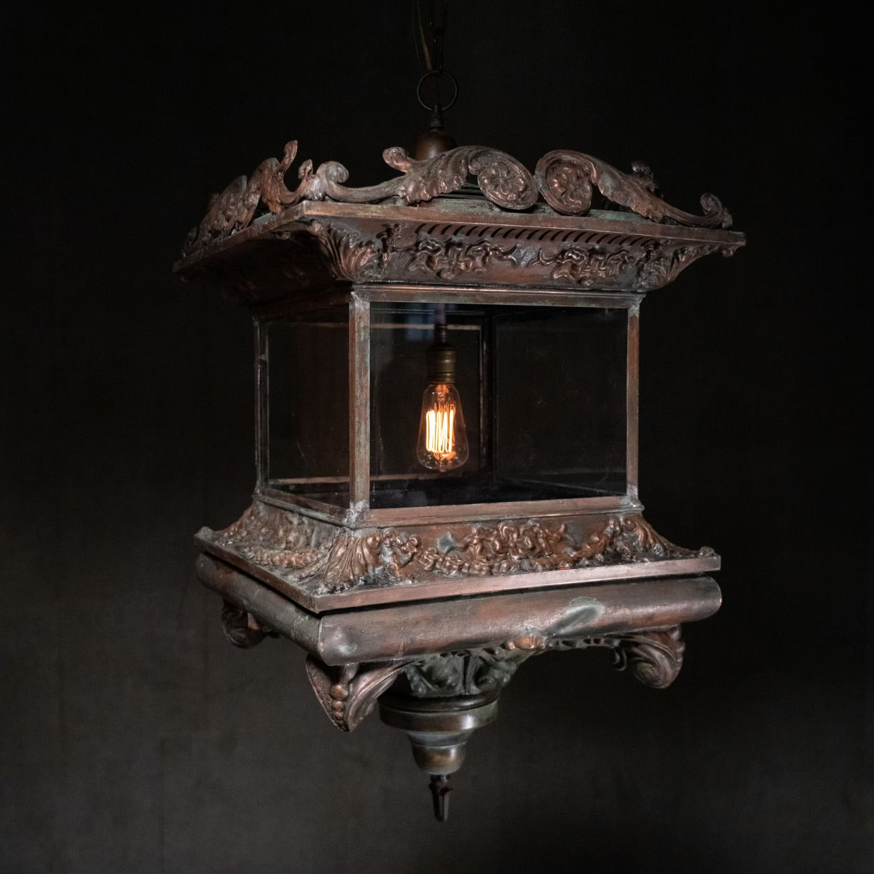 C1900 pair of copper extravagant lantern pendant lights