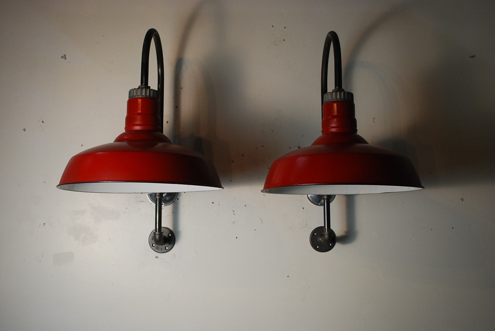 1930 Enamel  goose neck Industrial sconces | Scott Landon Antiques and Interiors.