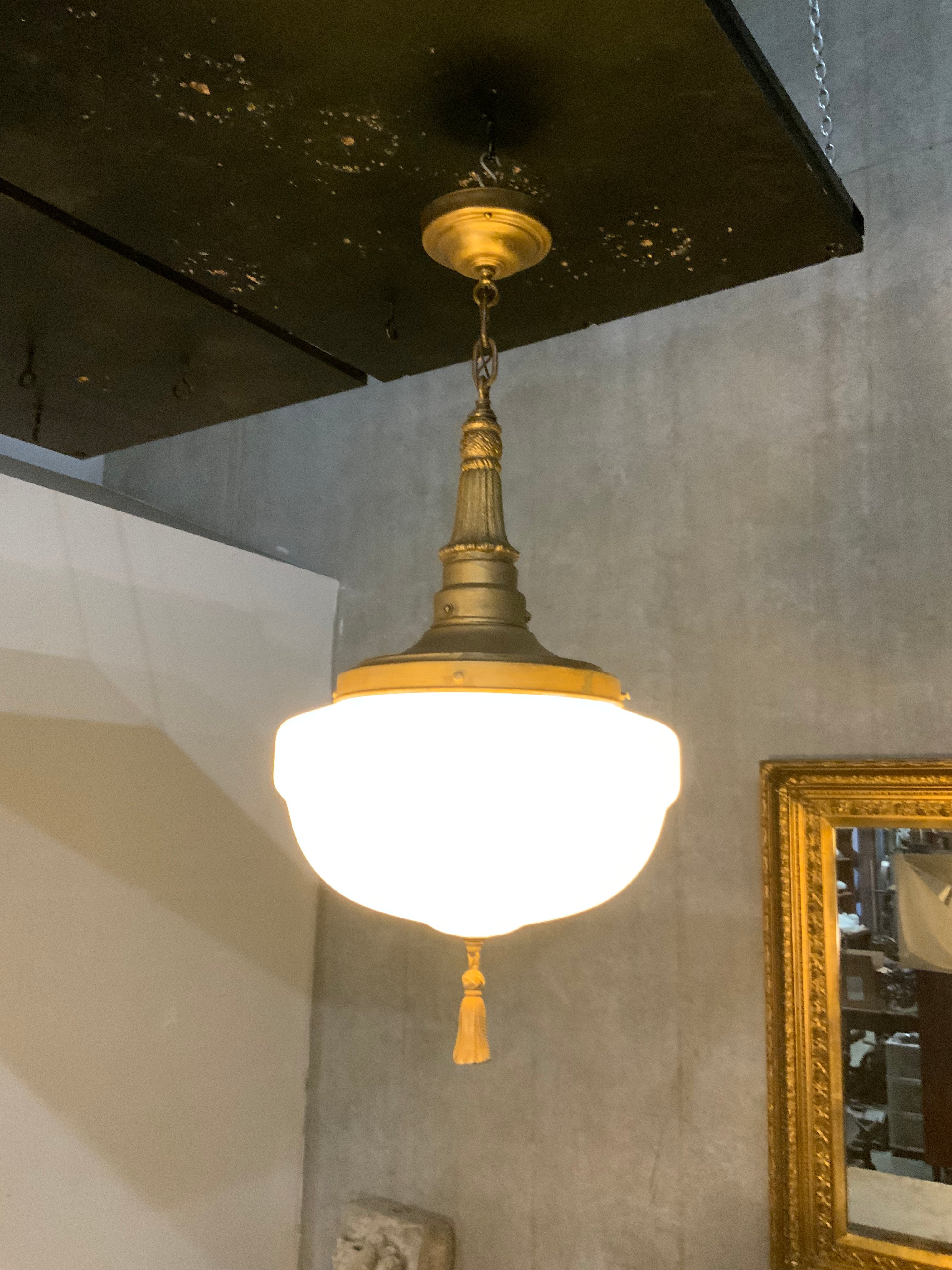 1930 Antique Globe Pendant Light with Gothic Ecclesiastical Stencil Detailing | Scott Landon Antiques and Interiors.