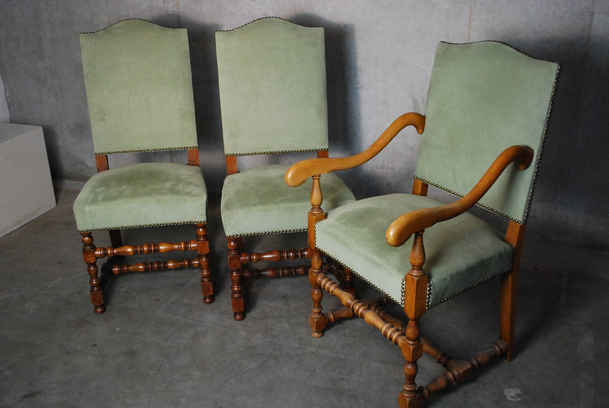 1930 Velvet French style dining  Chairs- price for set | Scott Landon Antiques and Interiors.