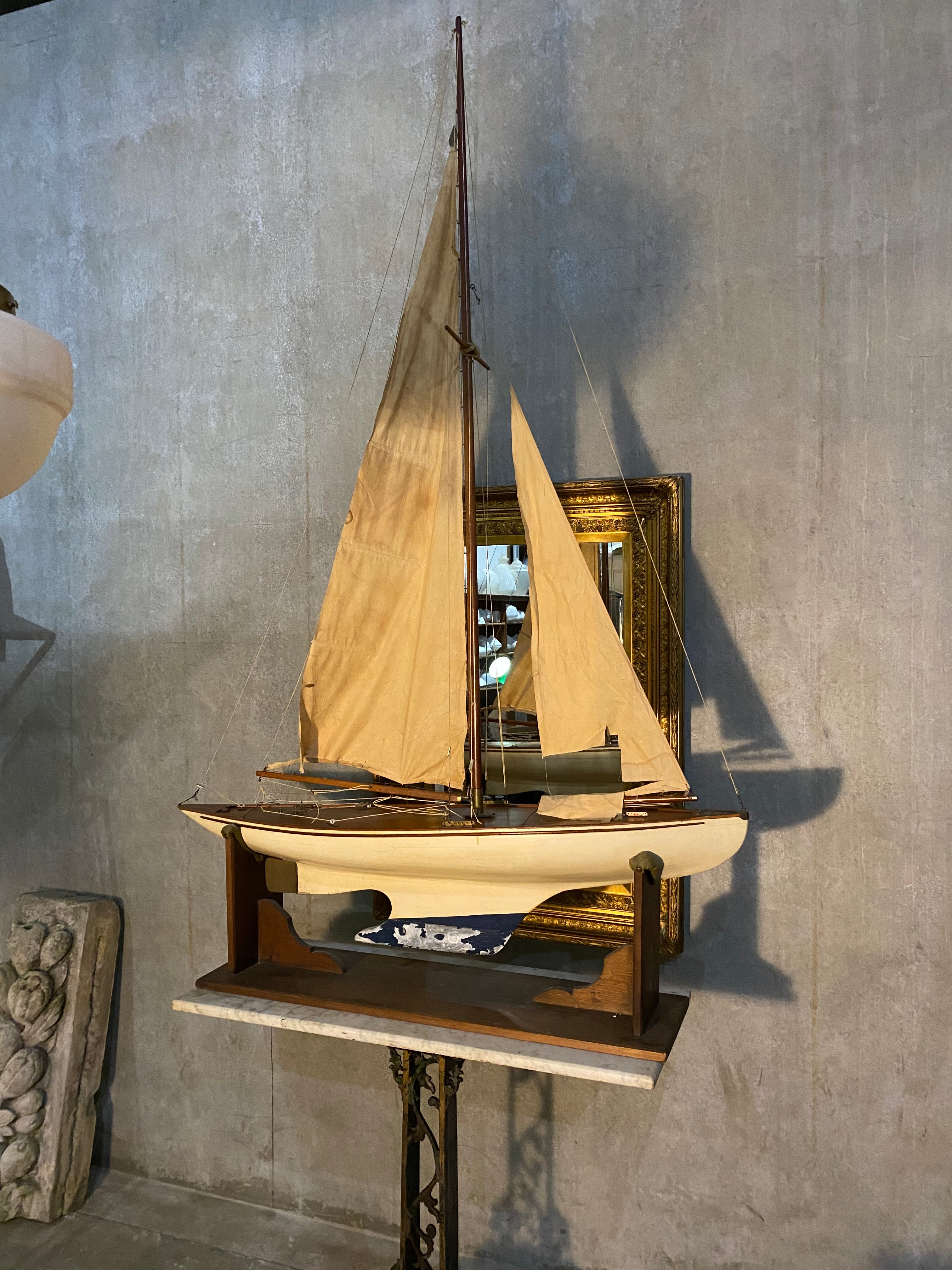 1900s Antique English Wooden Nautical Pond Model of a Yacht Original | Scott Landon Antiques and Interiors.