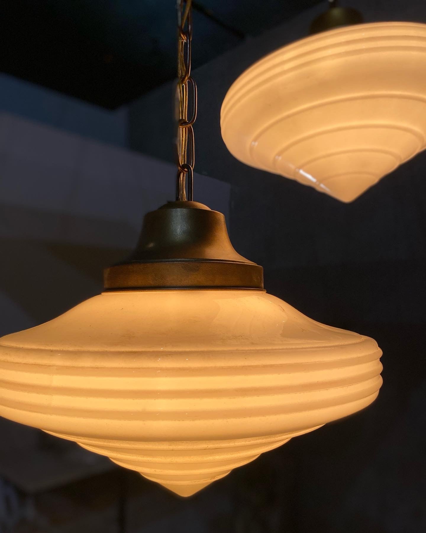1930 Art Deco milk glass pendant lights | Scott Landon Antiques and Interiors.