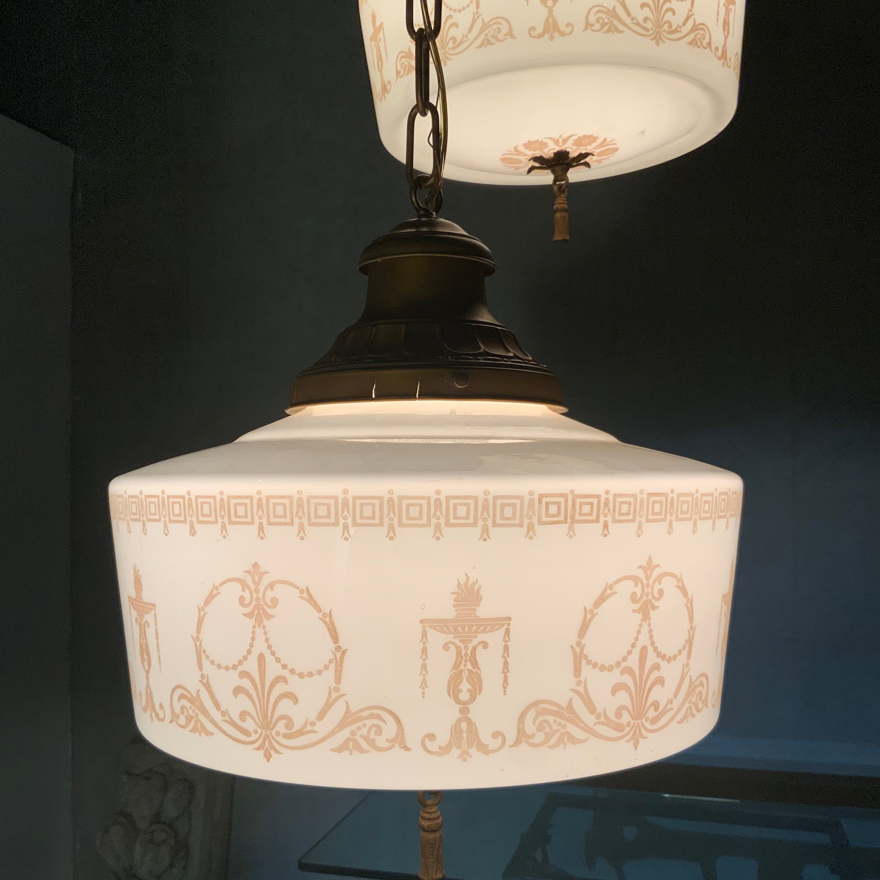 1920’s Neoclassical Stencil Glass Pendant Fixtures – Three available | Scott Landon Antiques and Interiors.