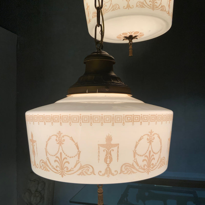 1920’s Neoclassical Stencil Glass Pendant Fixtures – Three available | Scott Landon Antiques and Interiors.