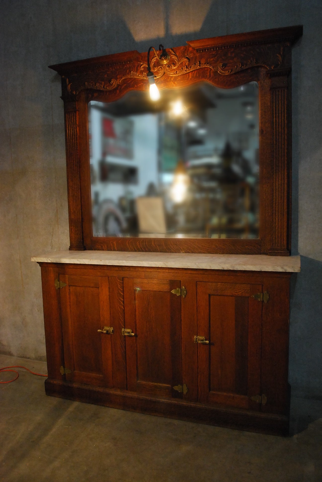 1900 Quarter Sawn Oak Barbershop/Back bar | Scott Landon Antiques and Interiors.