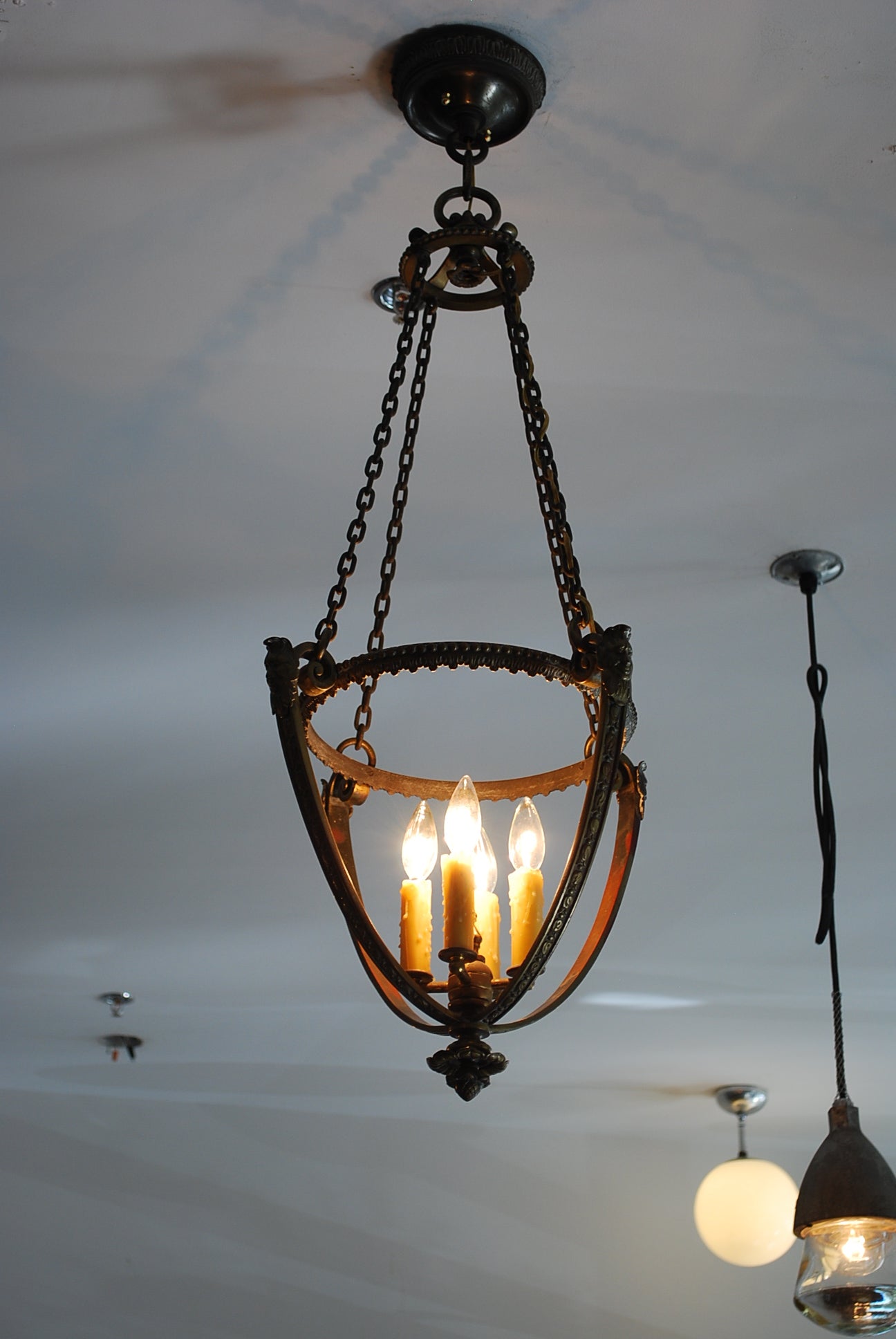 1910 solid Gothic cast bronze pendant Chandelier | Scott Landon Antiques and Interiors.
