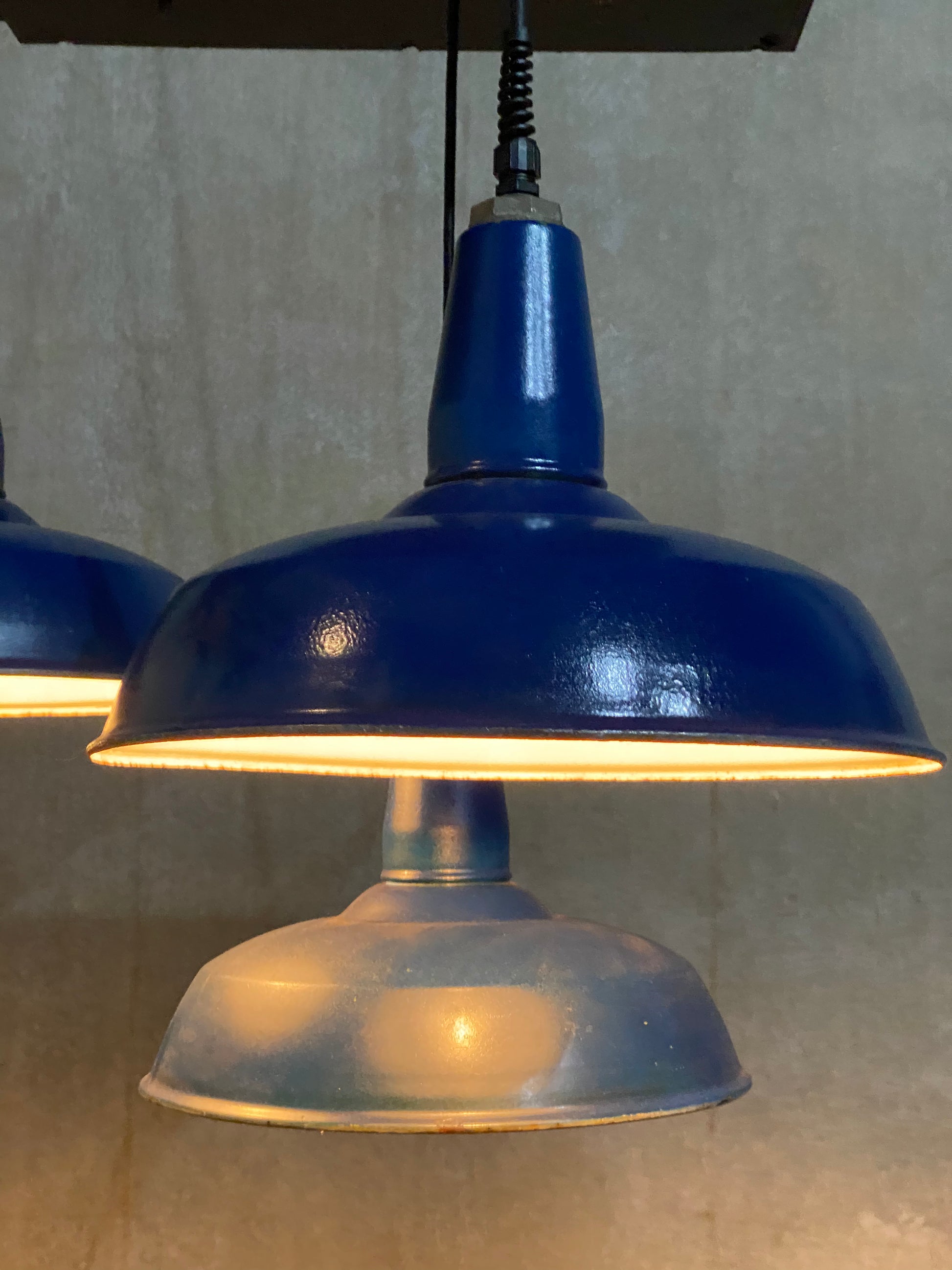 1930 cobalt blue industrial Benjamin enamel lights | Scott Landon Antiques and Interiors.