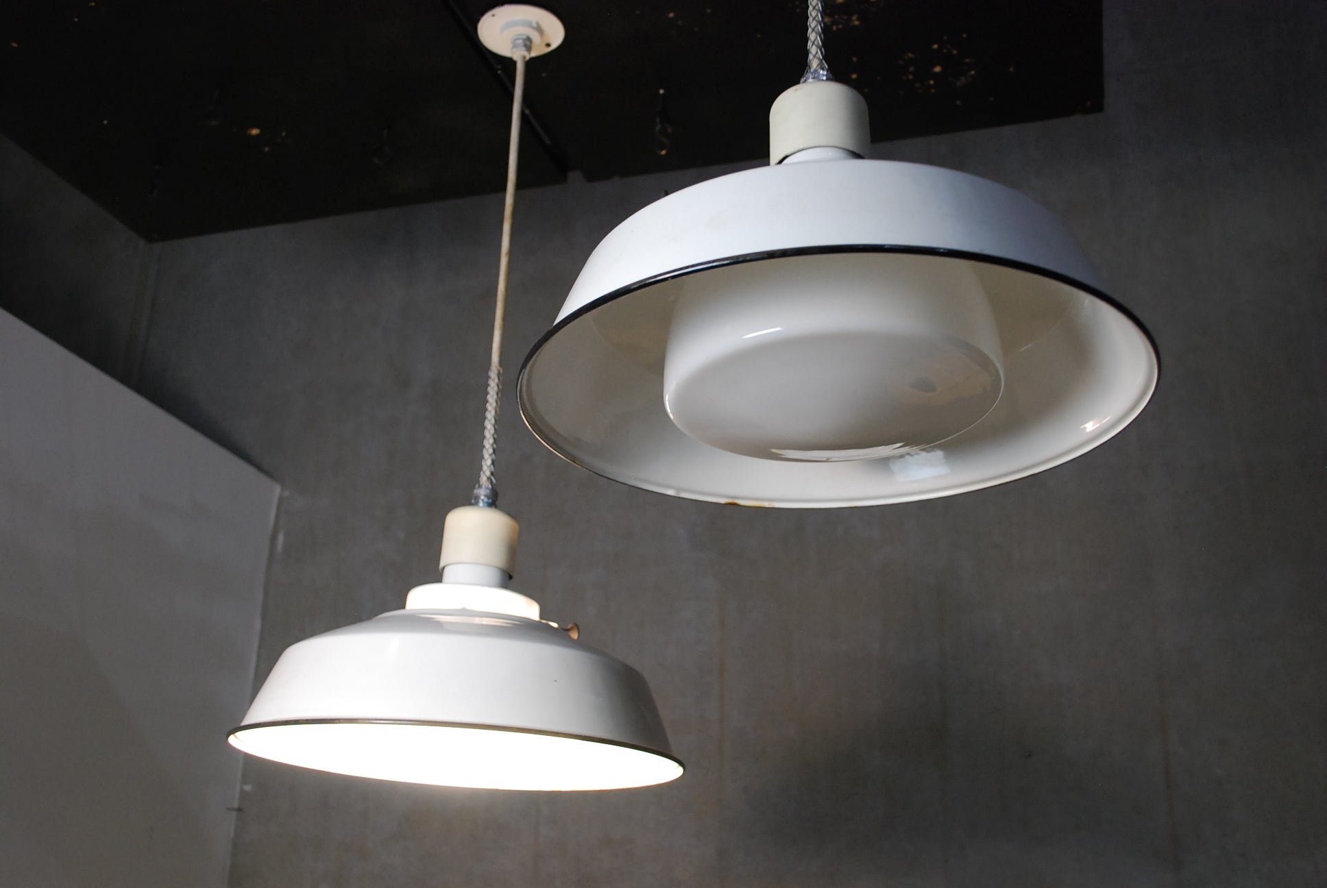 1940 Westinghouse enamel Industrial fixtures with Globe | Scott Landon Antiques and Interiors.