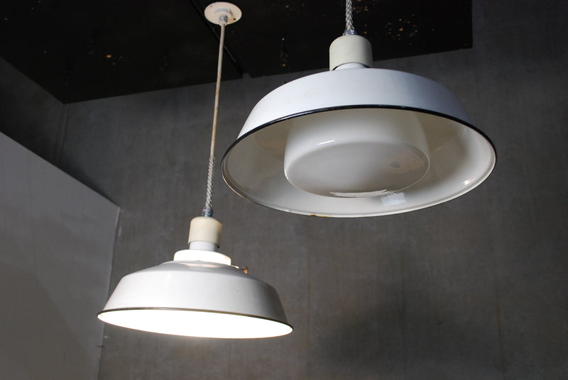 1940 Westinghouse enamel Industrial fixtures with Globe | Scott Landon Antiques and Interiors.