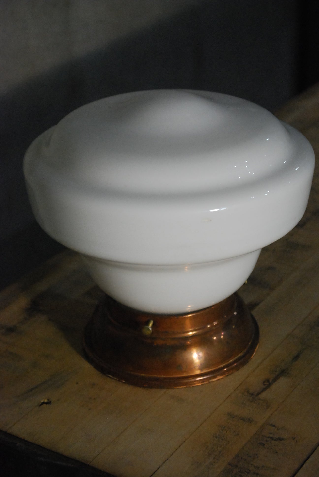 1920  Copper Milk glass Hall light | Scott Landon Antiques and Interiors.
