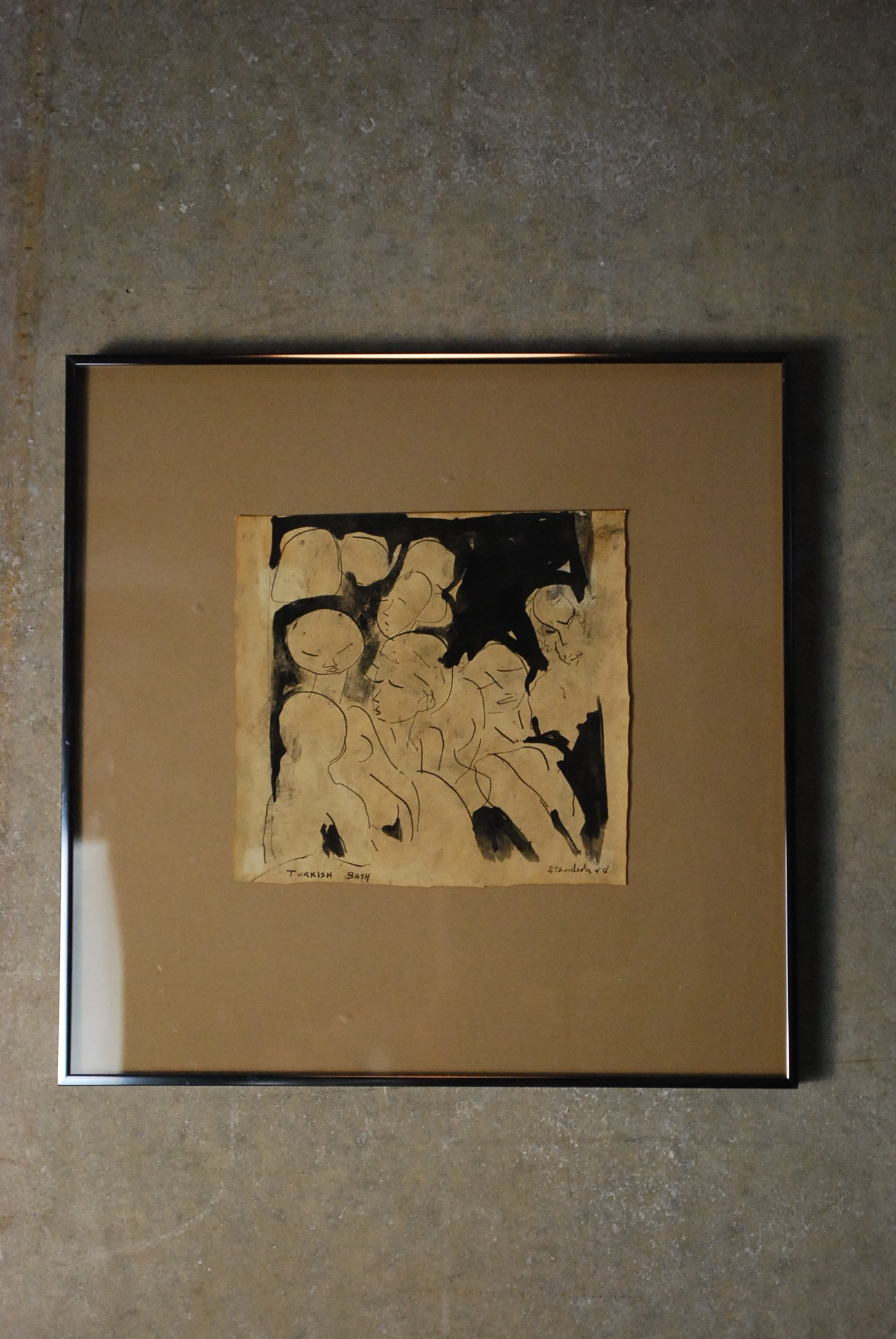 1960's Schuyler Standish Monochomatic Graphite on Paper Drawing of Turkish bath | Scott Landon Antiques and Interiors.