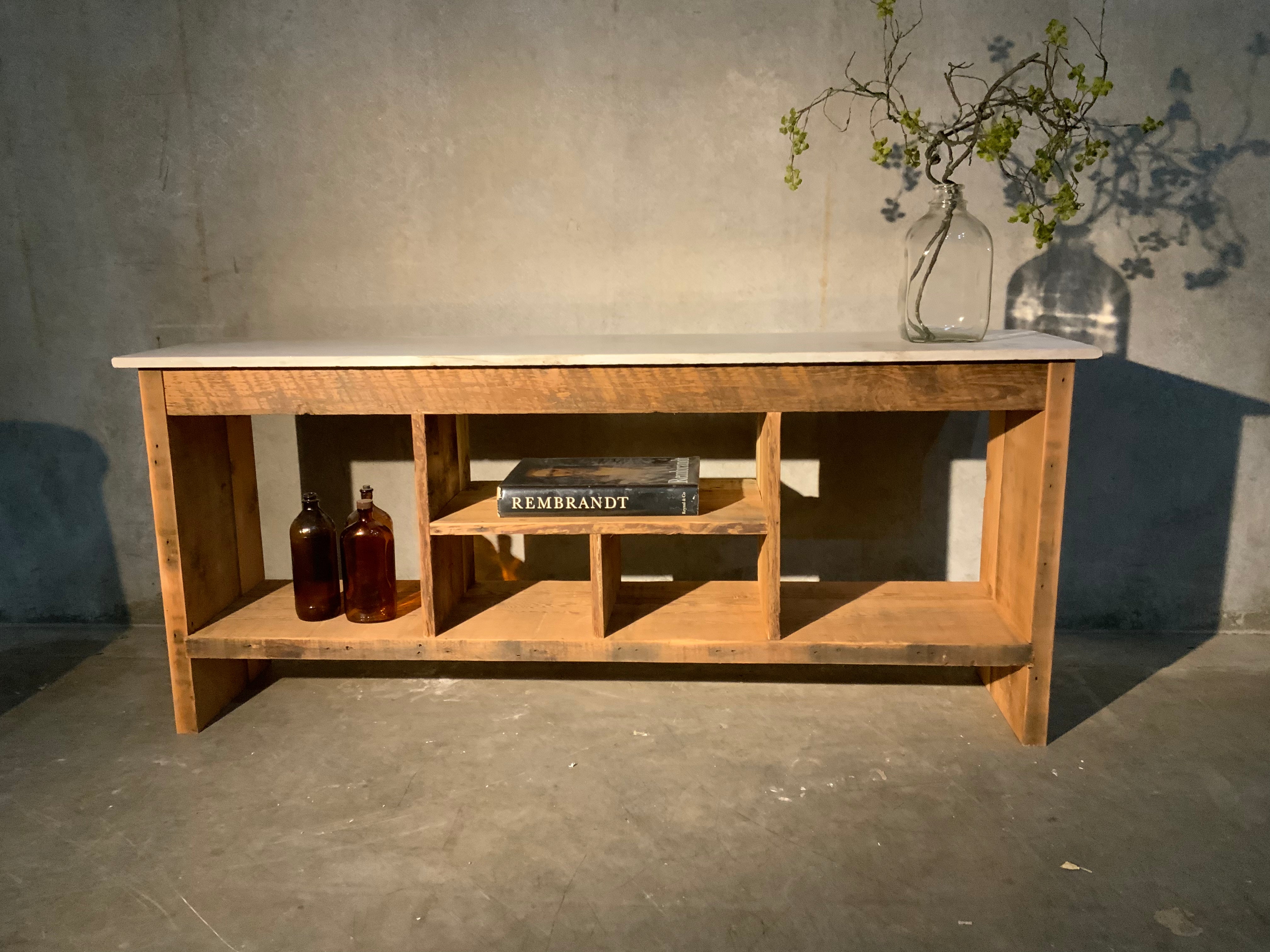 Bespoke series -  sofa table reclaimed wood and marble | Scott Landon Antiques and Interiors.