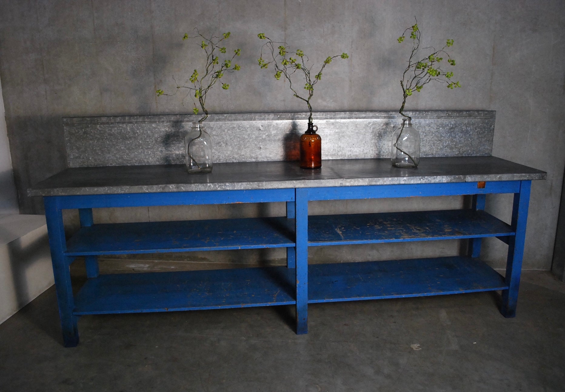 1950 Large industrial Zinc top Work Station /Table | Scott Landon Antiques and Interiors.
