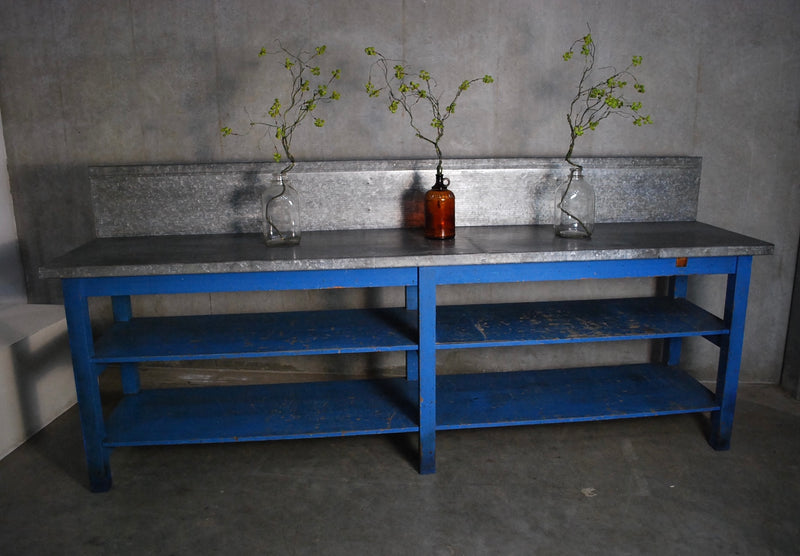 1950 Large industrial Zinc top Work Station /Table | Scott Landon Antiques and Interiors.