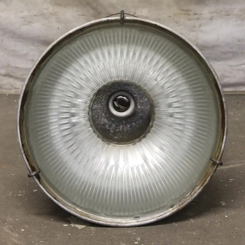 1940 LARGE Industrial Holophane Pendant Light with Aluminum Shield | Scott Landon Antiques and Interiors.