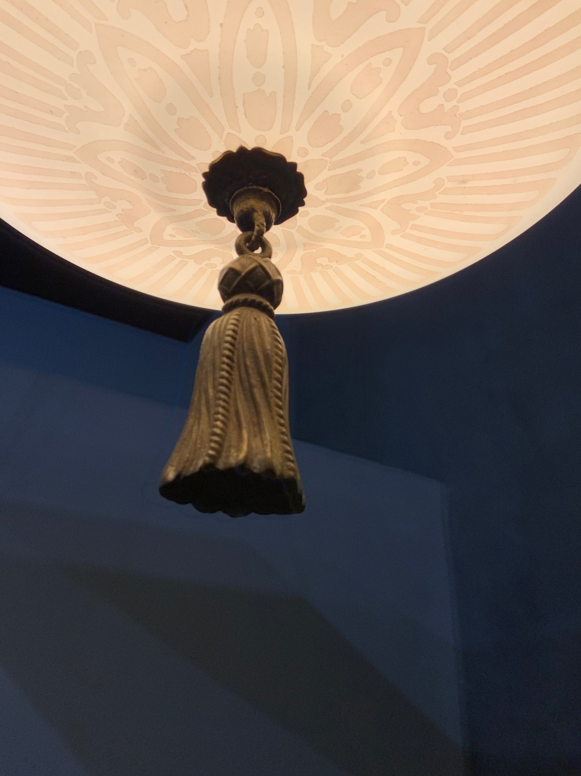 1930 Antique Globe Pendant Light with Gothic Ecclesiastical Stencil Detailing | Scott Landon Antiques and Interiors.