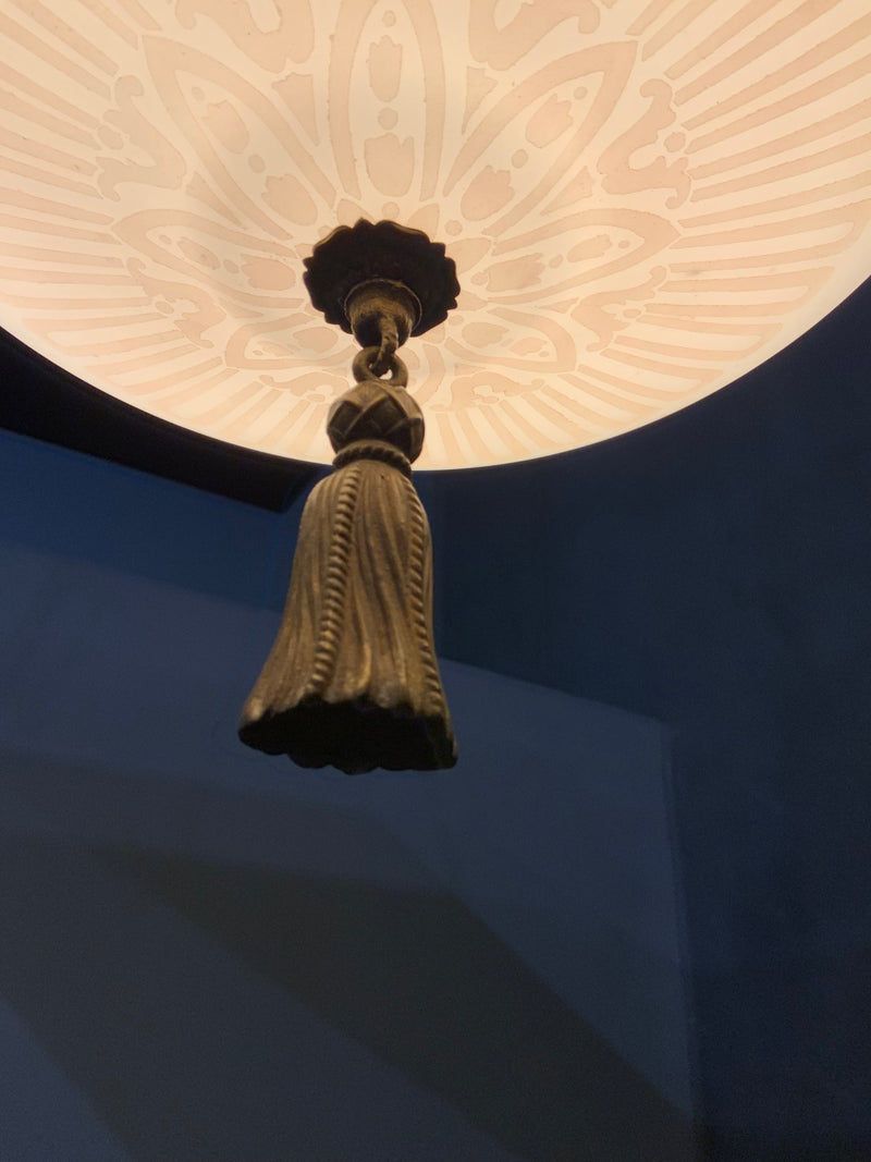1930 Antique Globe Pendant Light with Gothic Ecclesiastical Stencil Detailing | Scott Landon Antiques and Interiors.