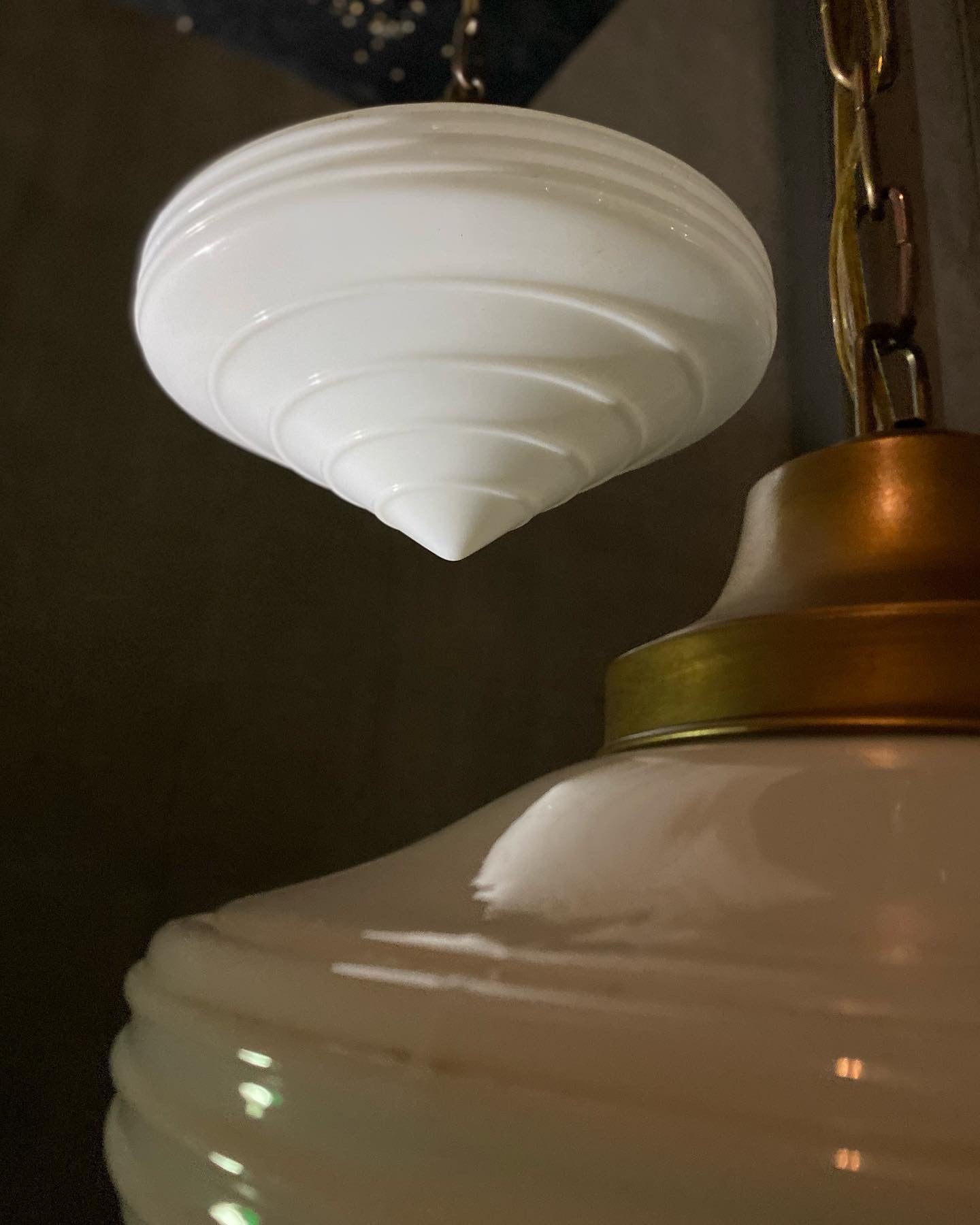 1930 Art Deco milk glass pendant lights | Scott Landon Antiques and Interiors.