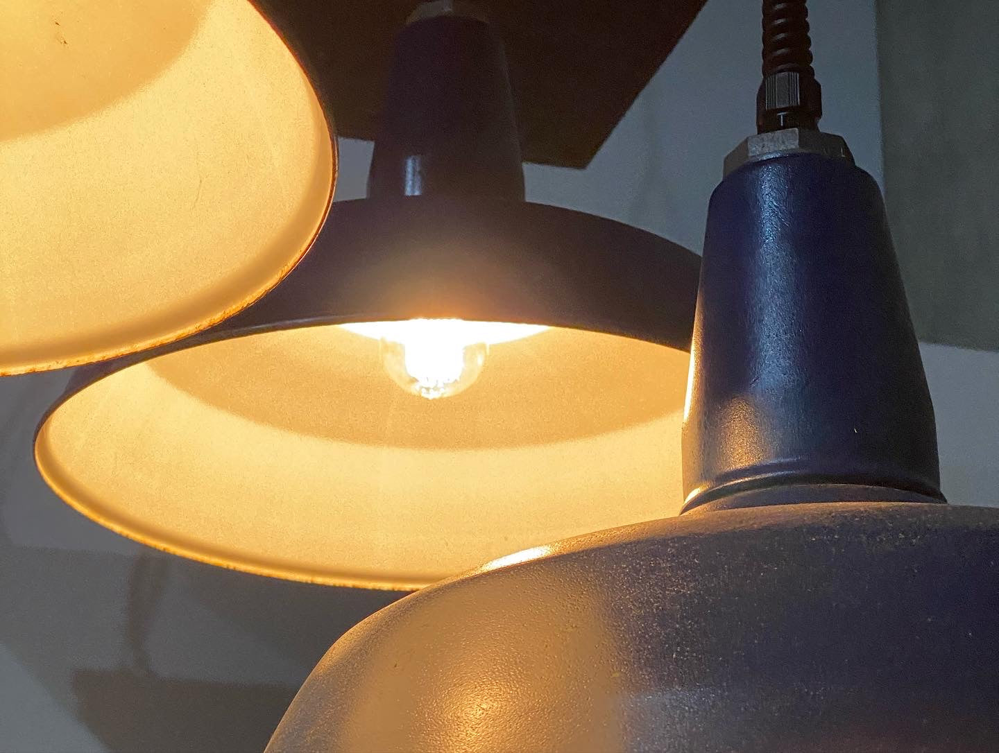 1930 cobalt blue industrial Benjamin enamel lights | Scott Landon Antiques and Interiors.