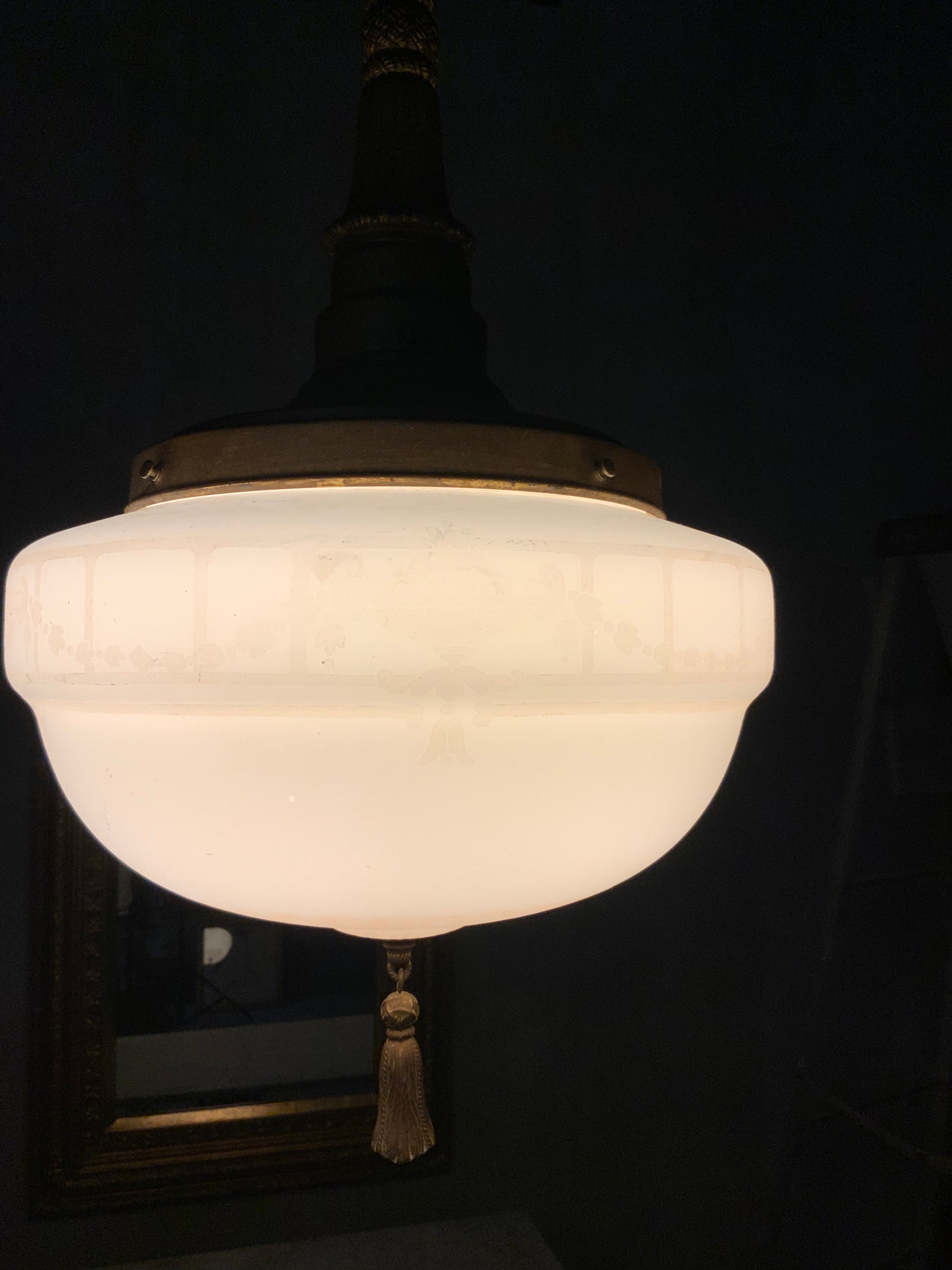 1930 Antique Globe Pendant Light with Gothic Ecclesiastical Stencil Detailing | Scott Landon Antiques and Interiors.