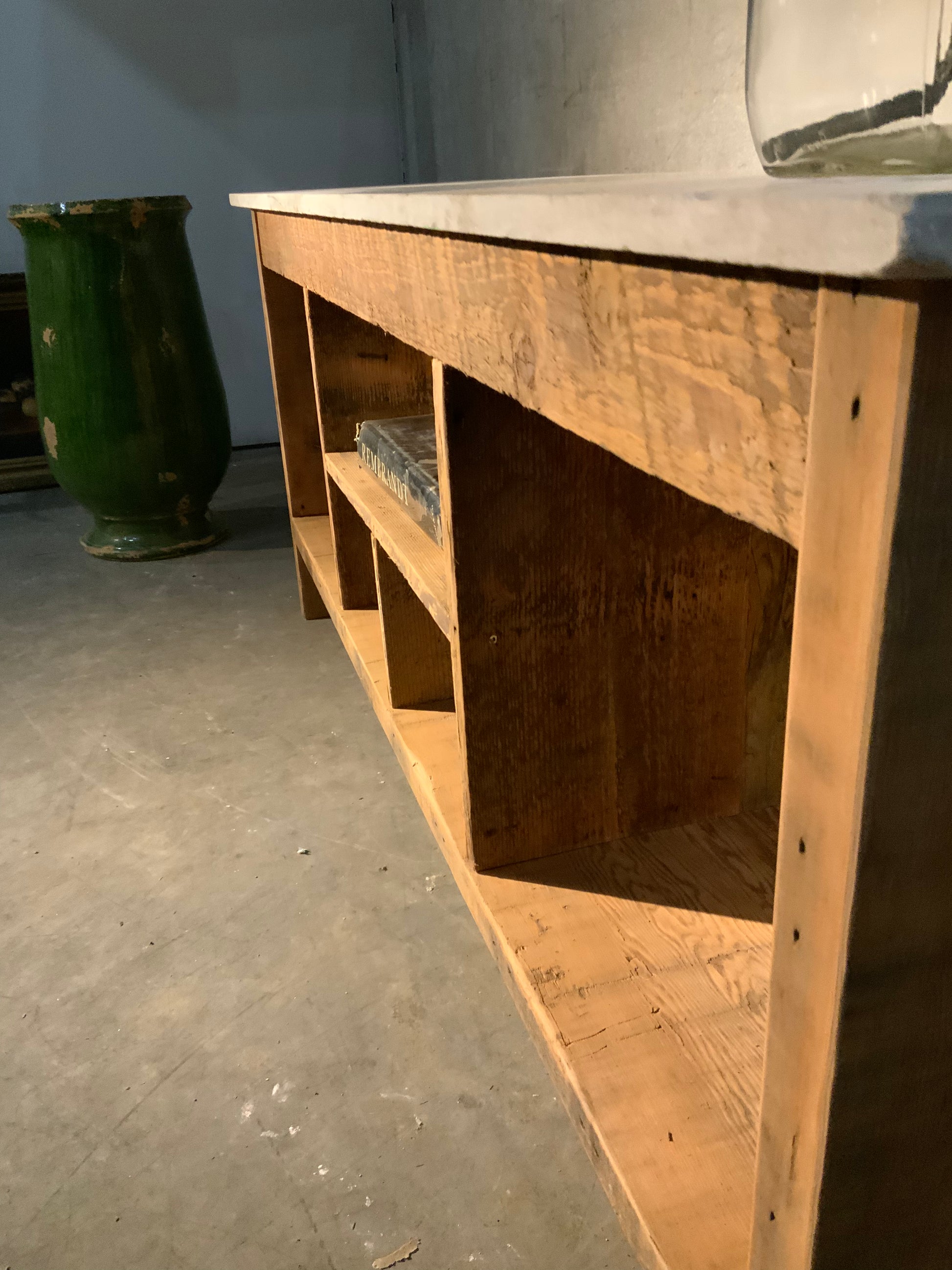 Bespoke series -  sofa table reclaimed wood and marble | Scott Landon Antiques and Interiors.