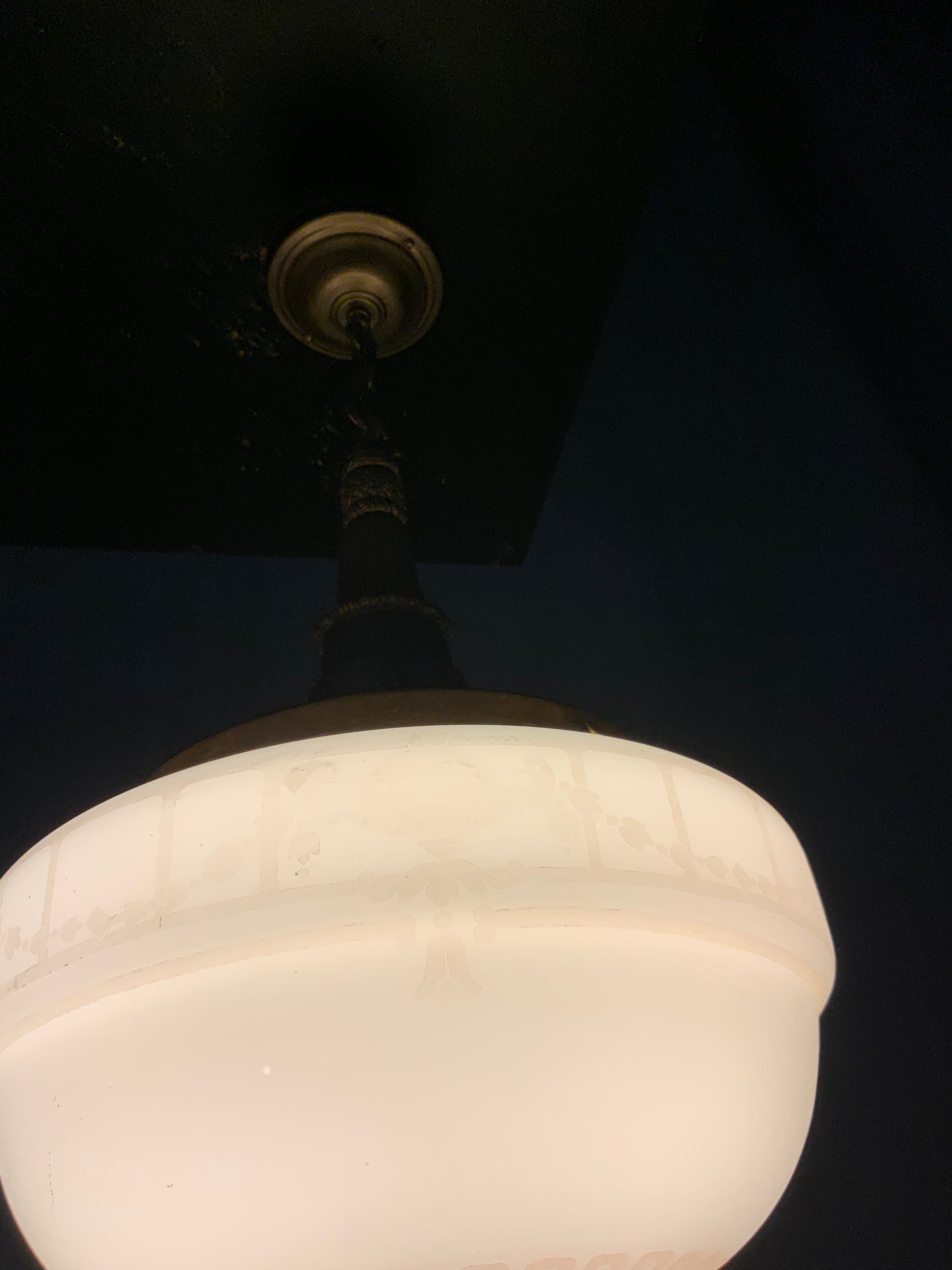 1930 Antique Globe Pendant Light with Gothic Ecclesiastical Stencil Detailing | Scott Landon Antiques and Interiors.