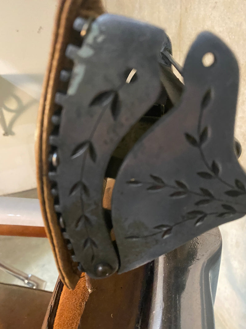Koken first generation Porcelain barber chair  in old Leather | Scott Landon Antiques and Interiors.