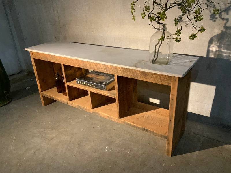 Bespoke series -  sofa table reclaimed wood and marble | Scott Landon Antiques and Interiors.