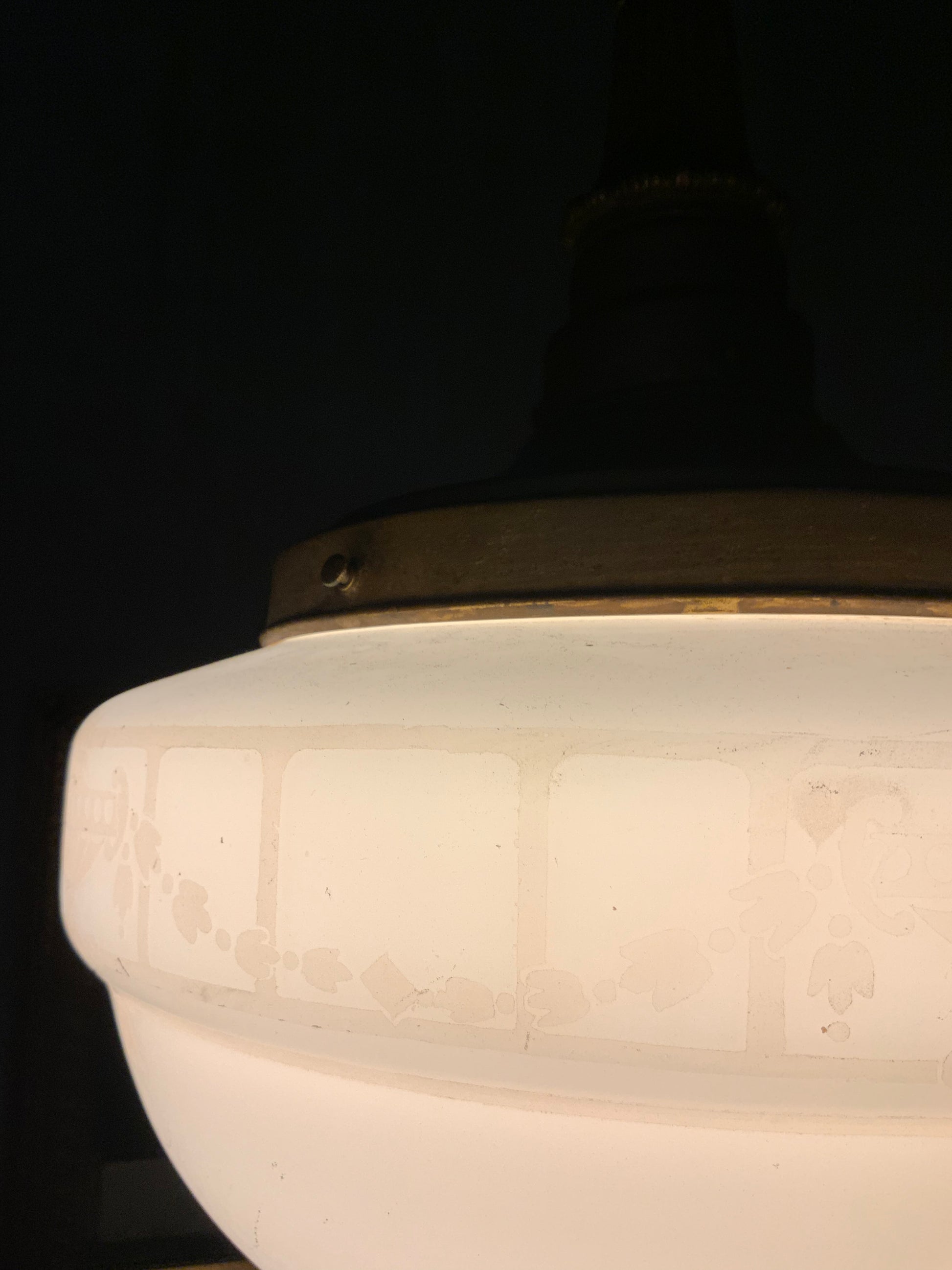 1930 Antique Globe Pendant Light with Gothic Ecclesiastical Stencil Detailing | Scott Landon Antiques and Interiors.