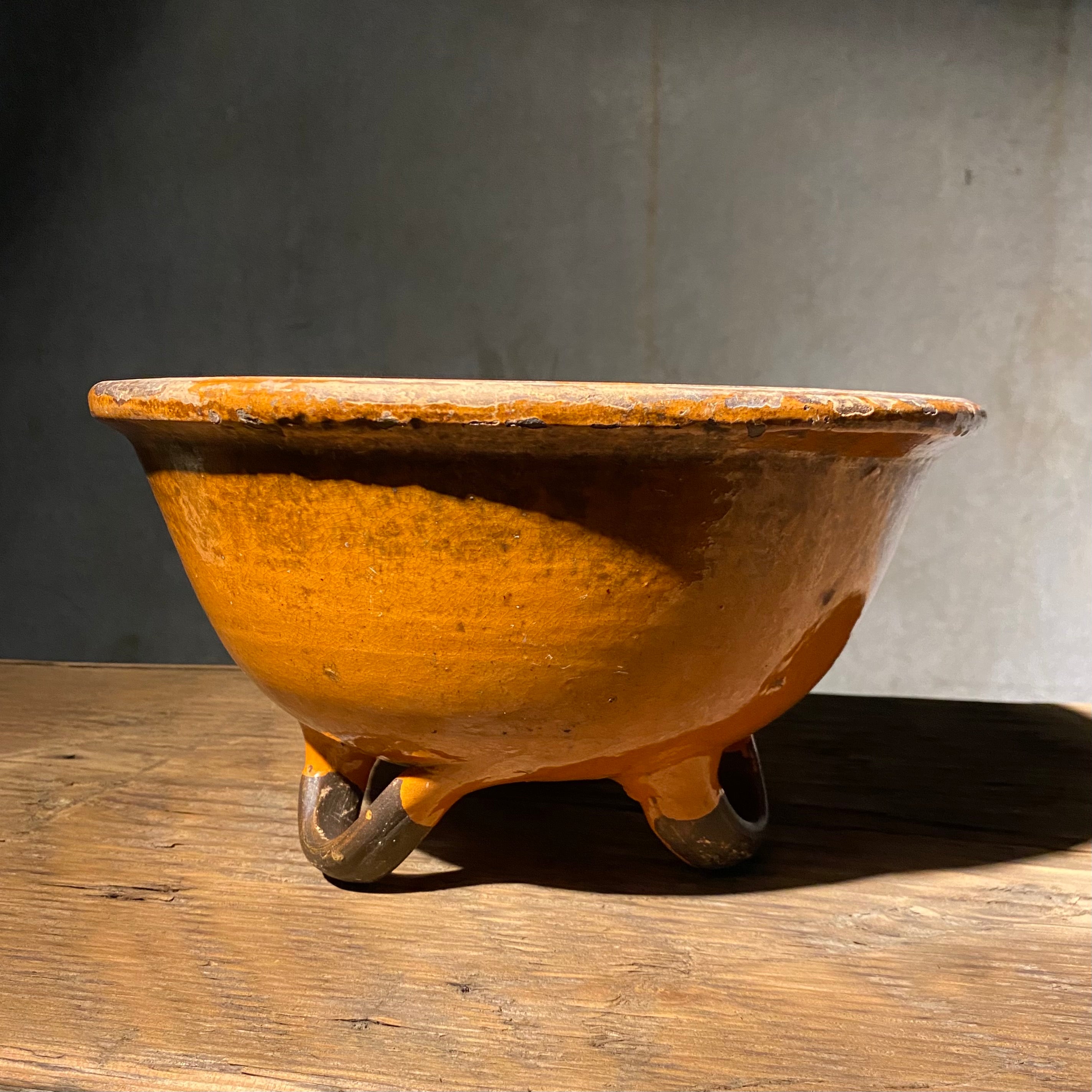 19th c French Glazed pottery Three Footed Bowl