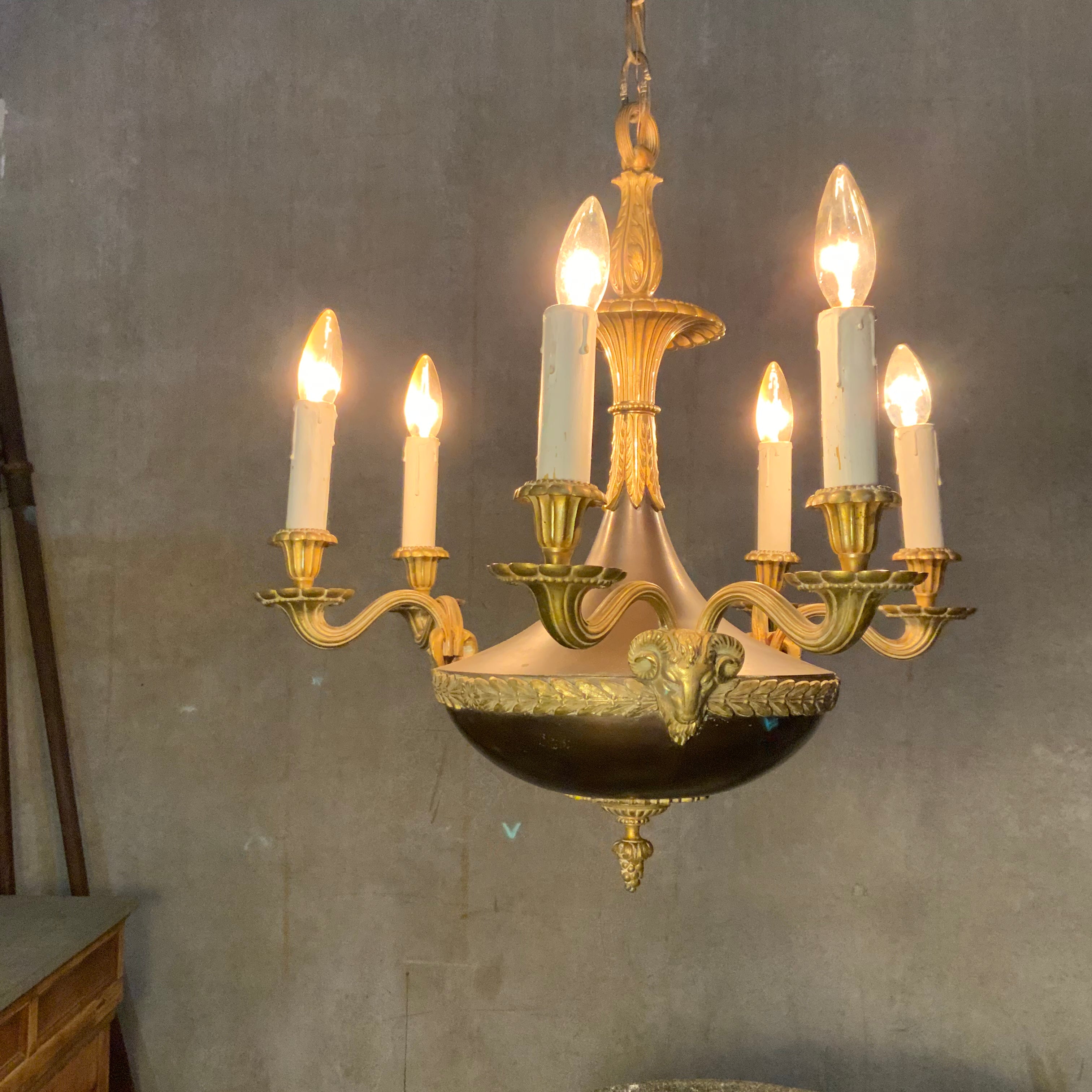 1920 solid brass Empire 6 arm chandelier