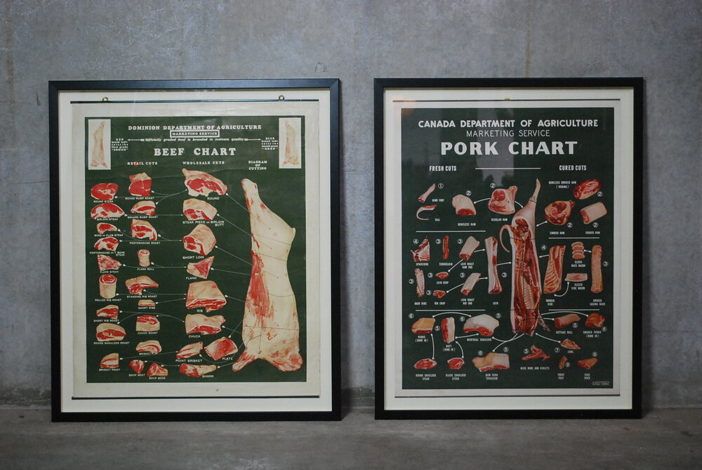1950 framed Meat butcher shop charts – Scott Landon Antiques and Interiors