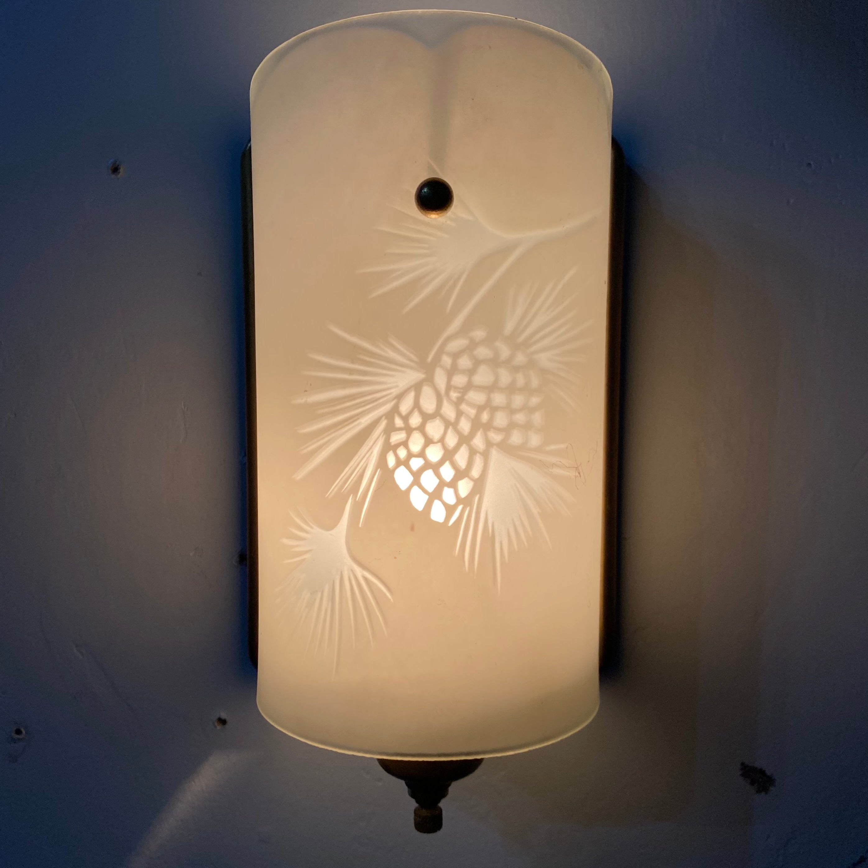 Pair of 1970 Frosted Glass & Brass Sconces with Decorative Design