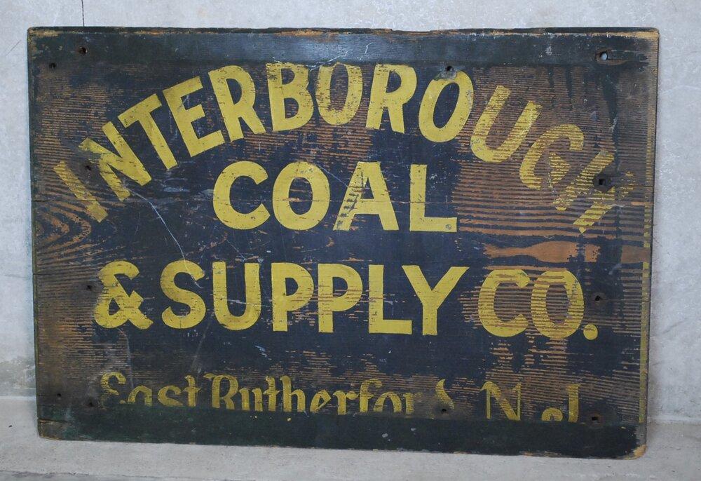 1920 Wooden hand painted sign - Interborough Coal NJ | Scott Landon Antiques and Interiors.