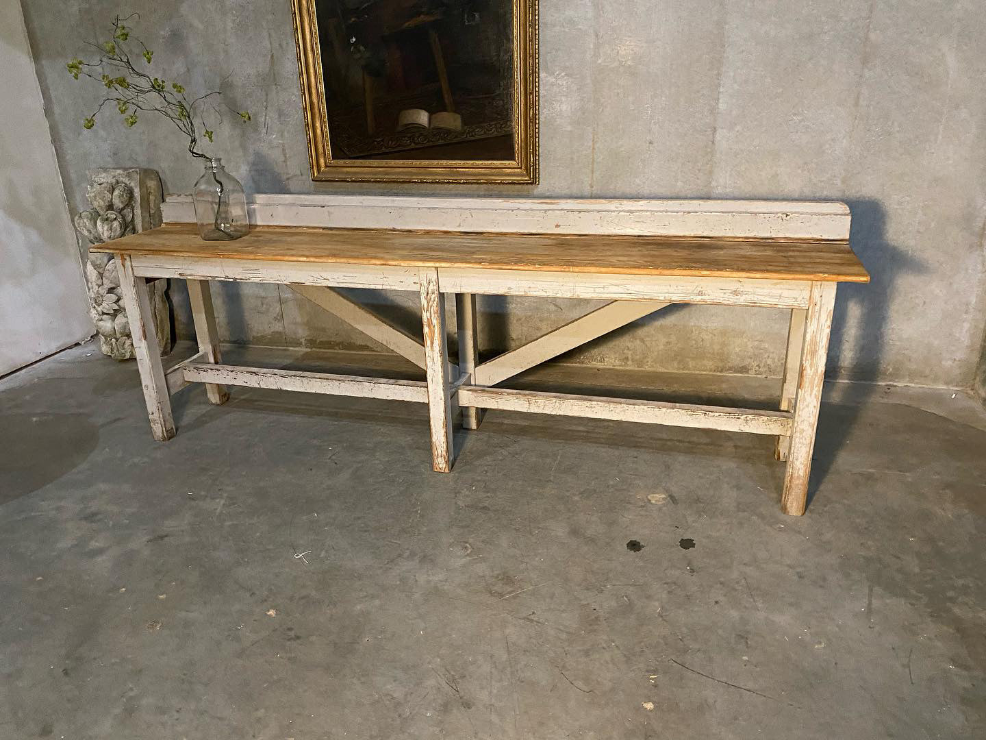 1930  industrial  console / workbench  in old paint | Scott Landon Antiques and Interiors.