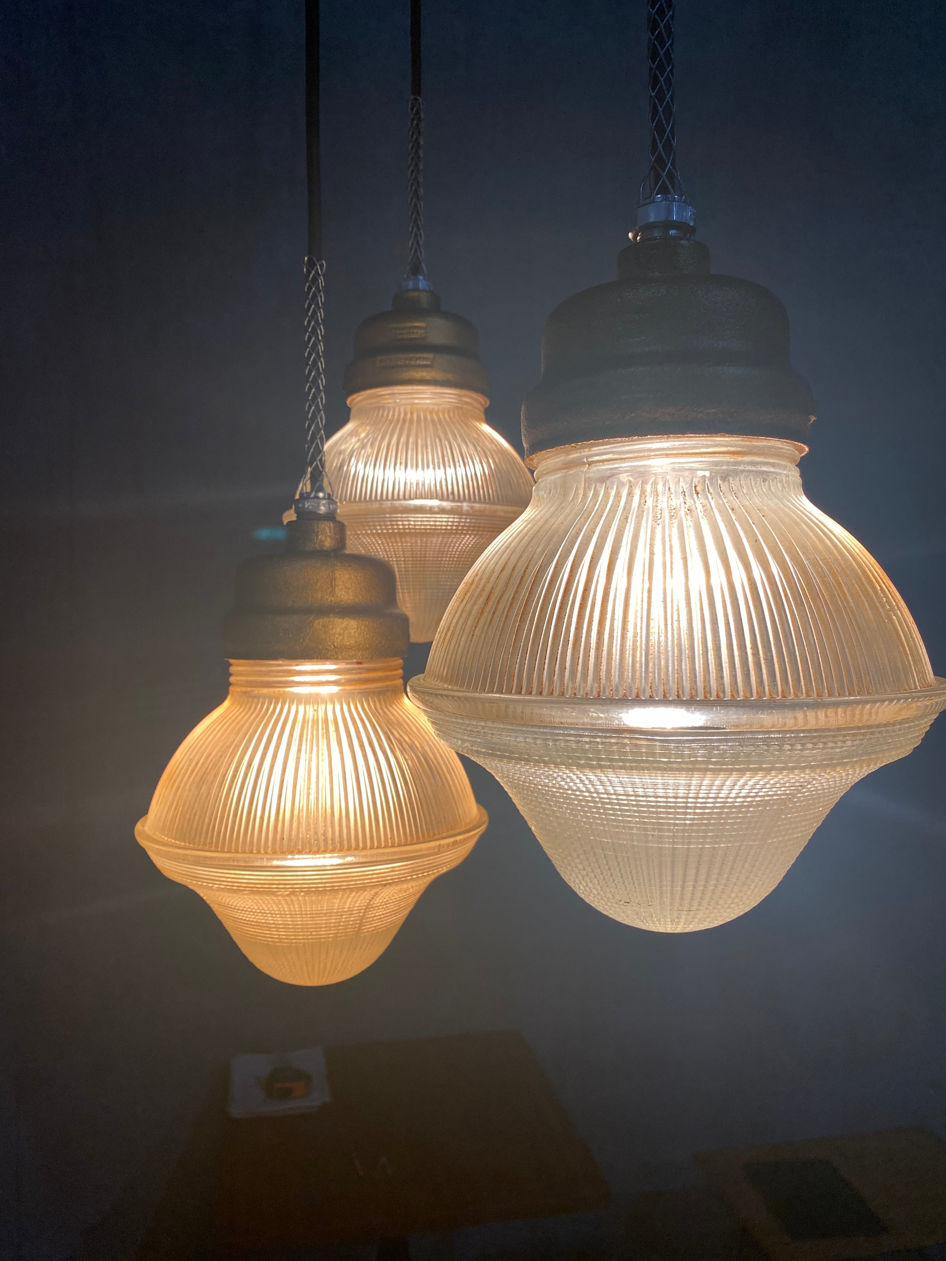 1930 Acorn Holophane Prismatic Glass Industrial Pendant Light