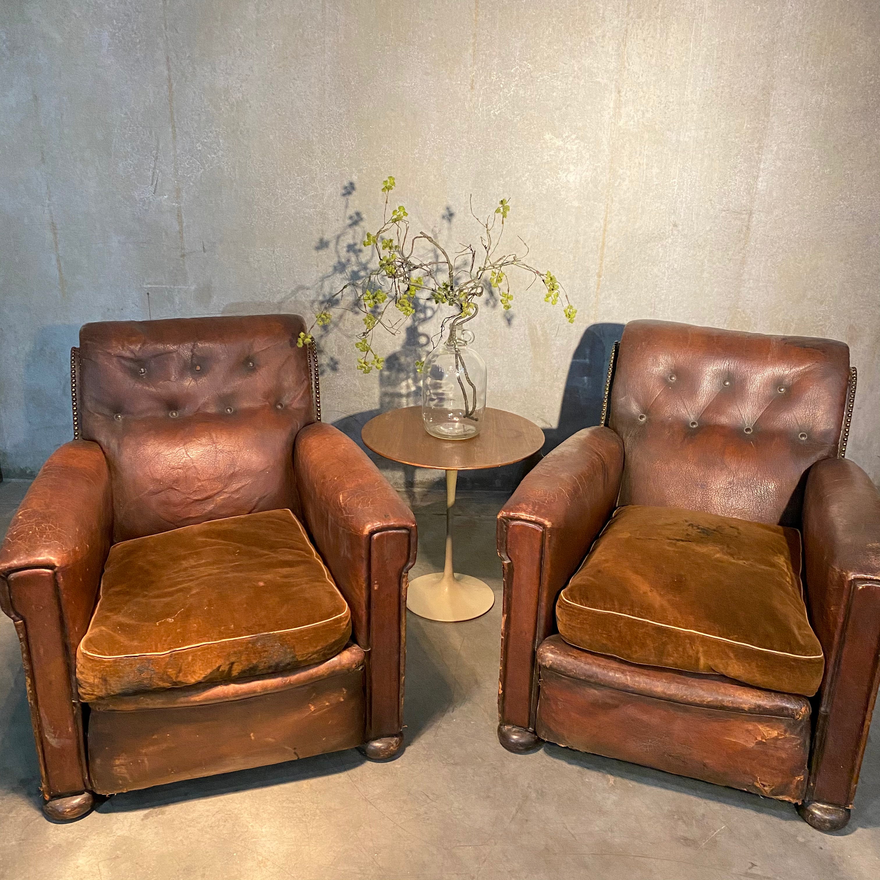 1920 Brown Leather tufted Club Chairs