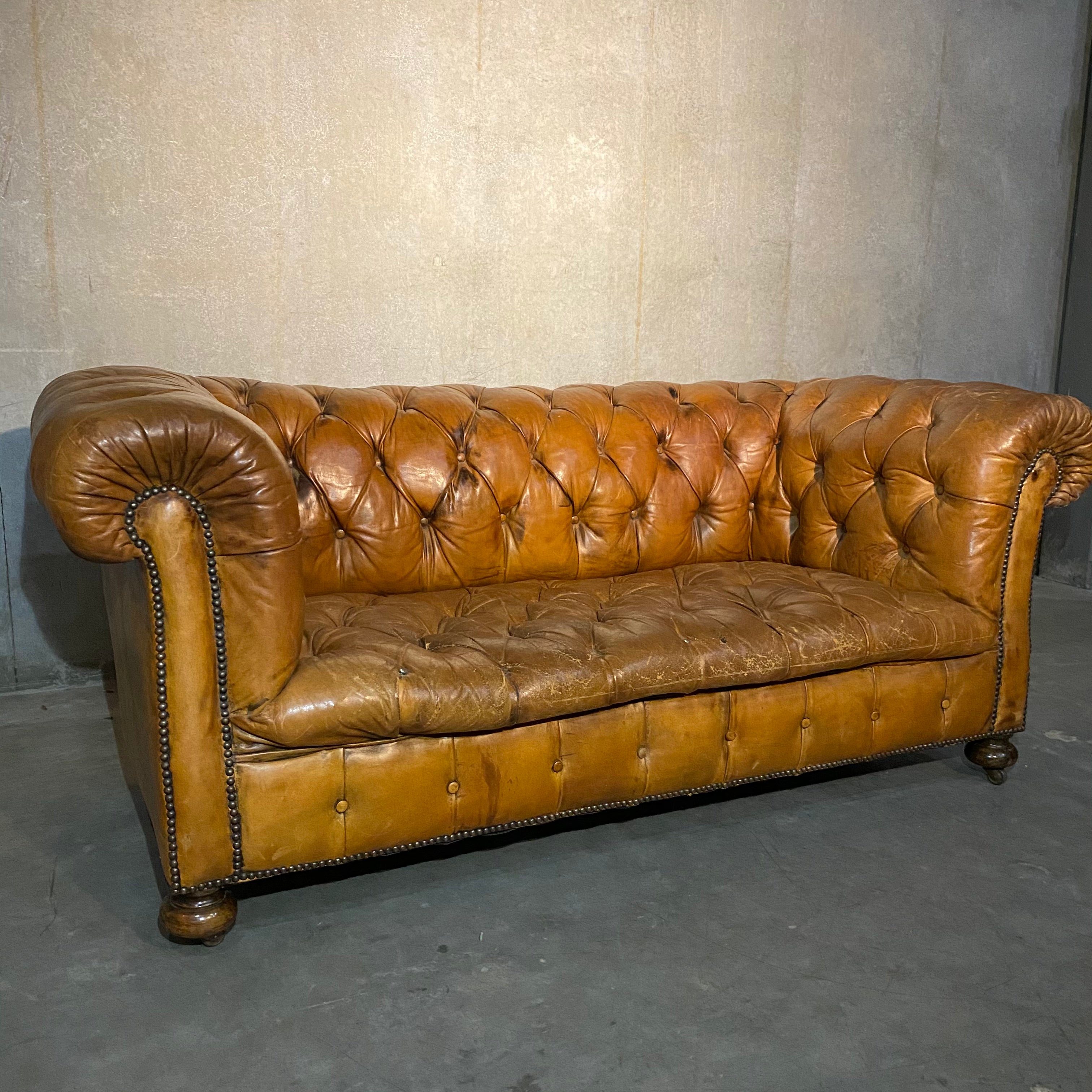 19thc English Brown Leather Tufted Couch